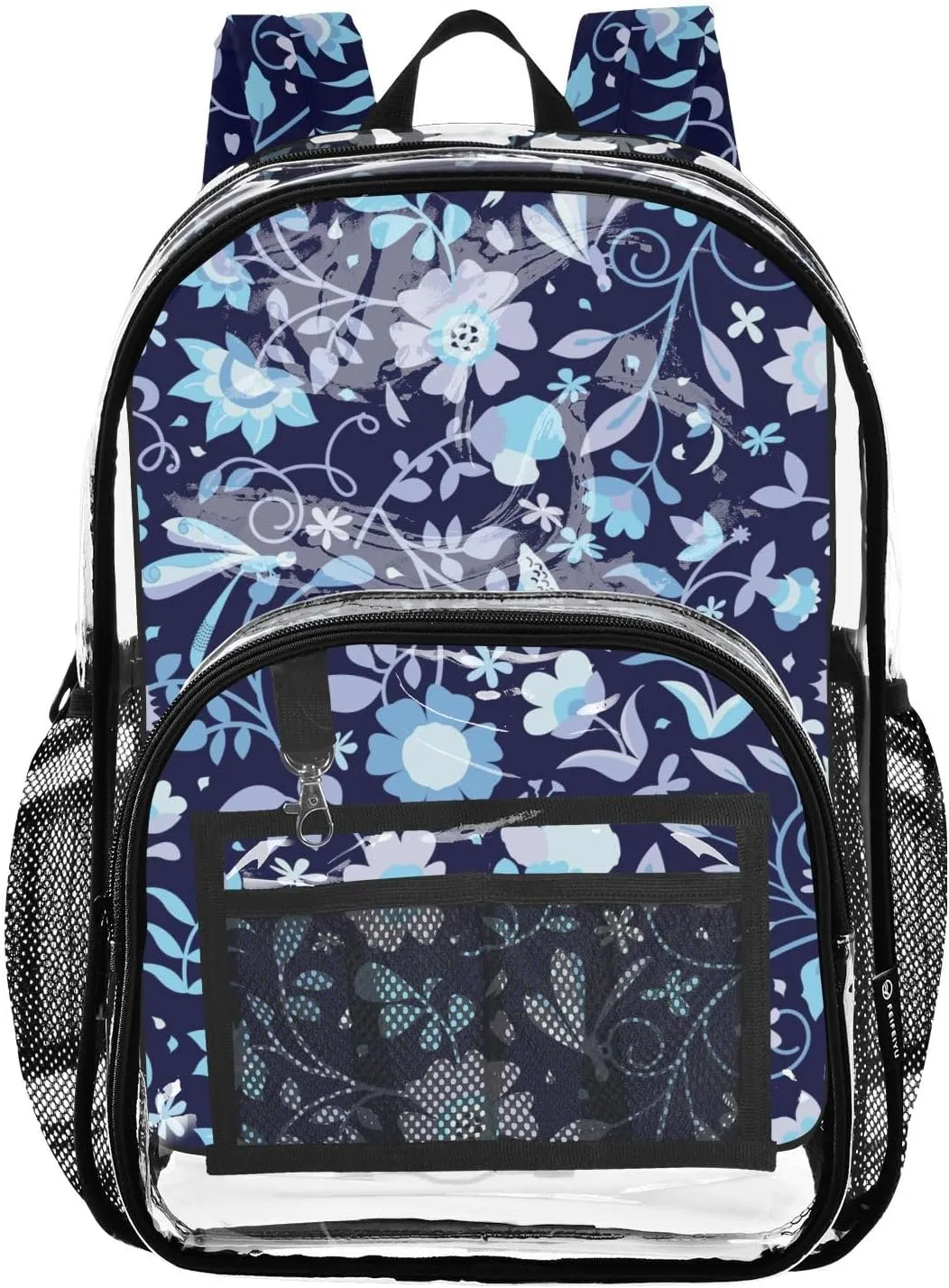Clear Backpack Heavy Duty 15.7 Inch Dragonfly Florals Navy Blue See Through Backpack Approved Large Bag Clear Bookbag for Stadium for School Concert Work College