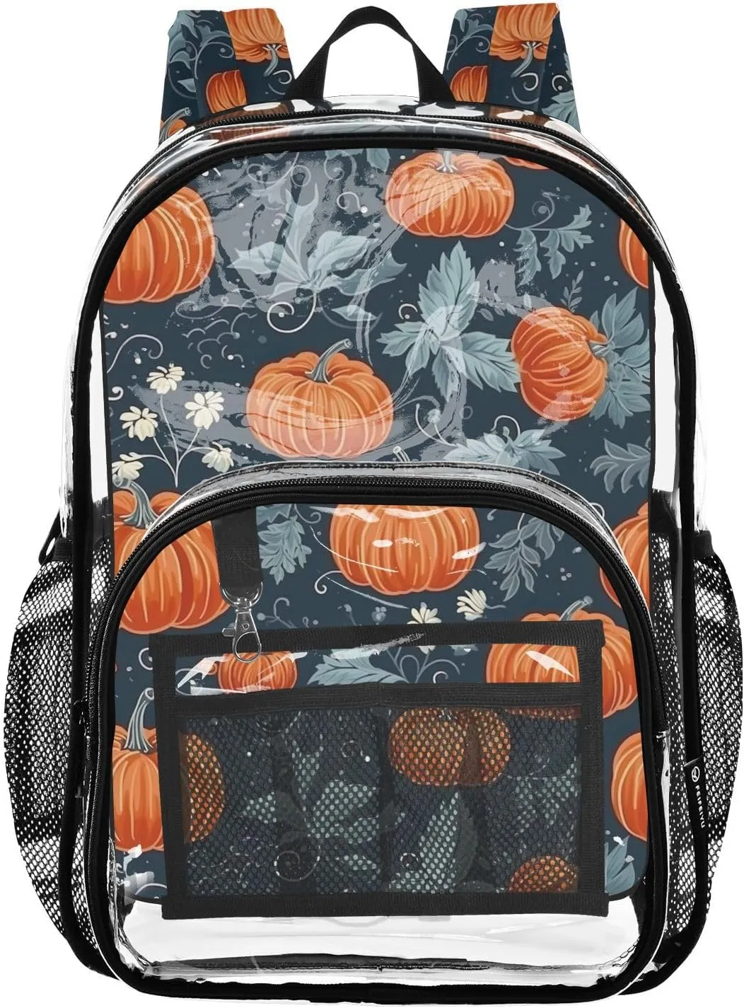 Clear Backpack Heavy Duty 15.7 Inch Fall Orange Pumpkin Thanksgiving Clear Bookbag Large Bag for Stadium Approved See Through Backpack for Work Concert School College