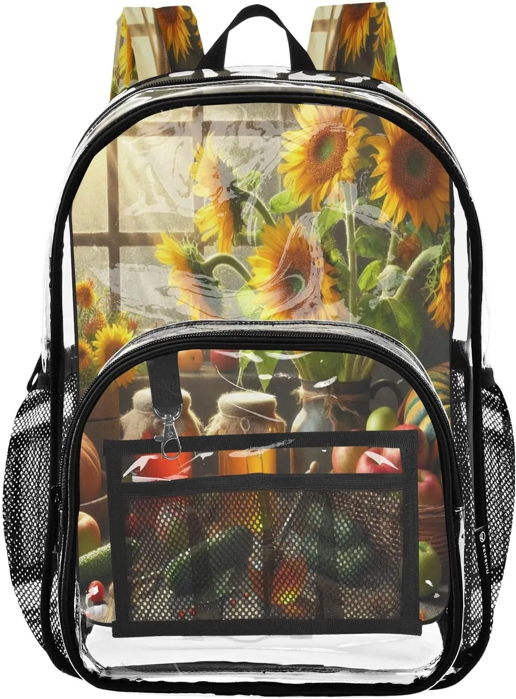 Clear Backpack Heavy Duty 15.7 Inch Floral Flowers Pumpkin Clear Bookbag See Through Backpack Large Bag for Stadium Approved for Work Concert School College