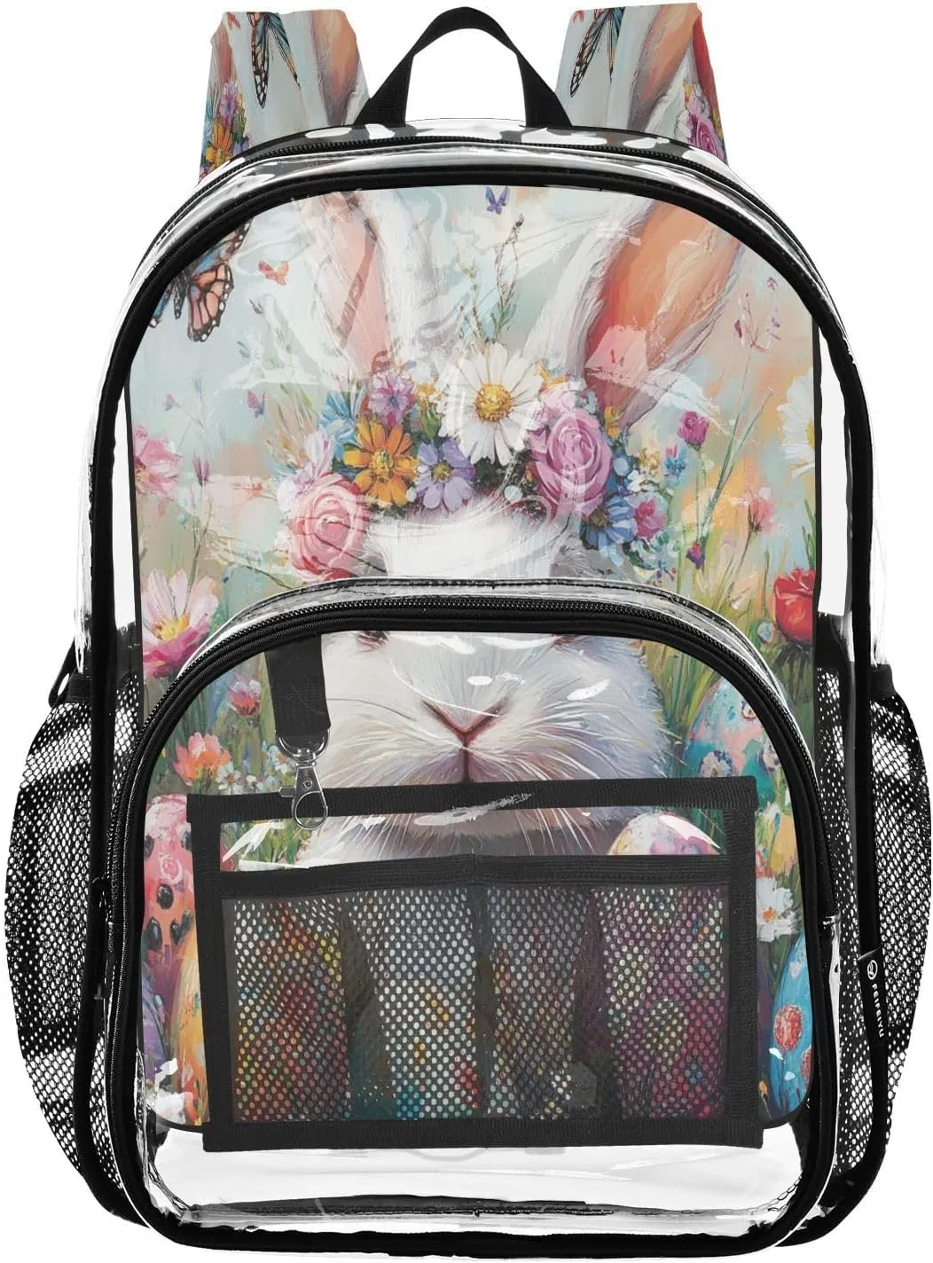 Clear Backpack Heavy Duty 15.7 Inch Rabbits Easter Egg Clear Bookbag See Through Bag Large Backpack for Stadium Approved for Work Concert School College