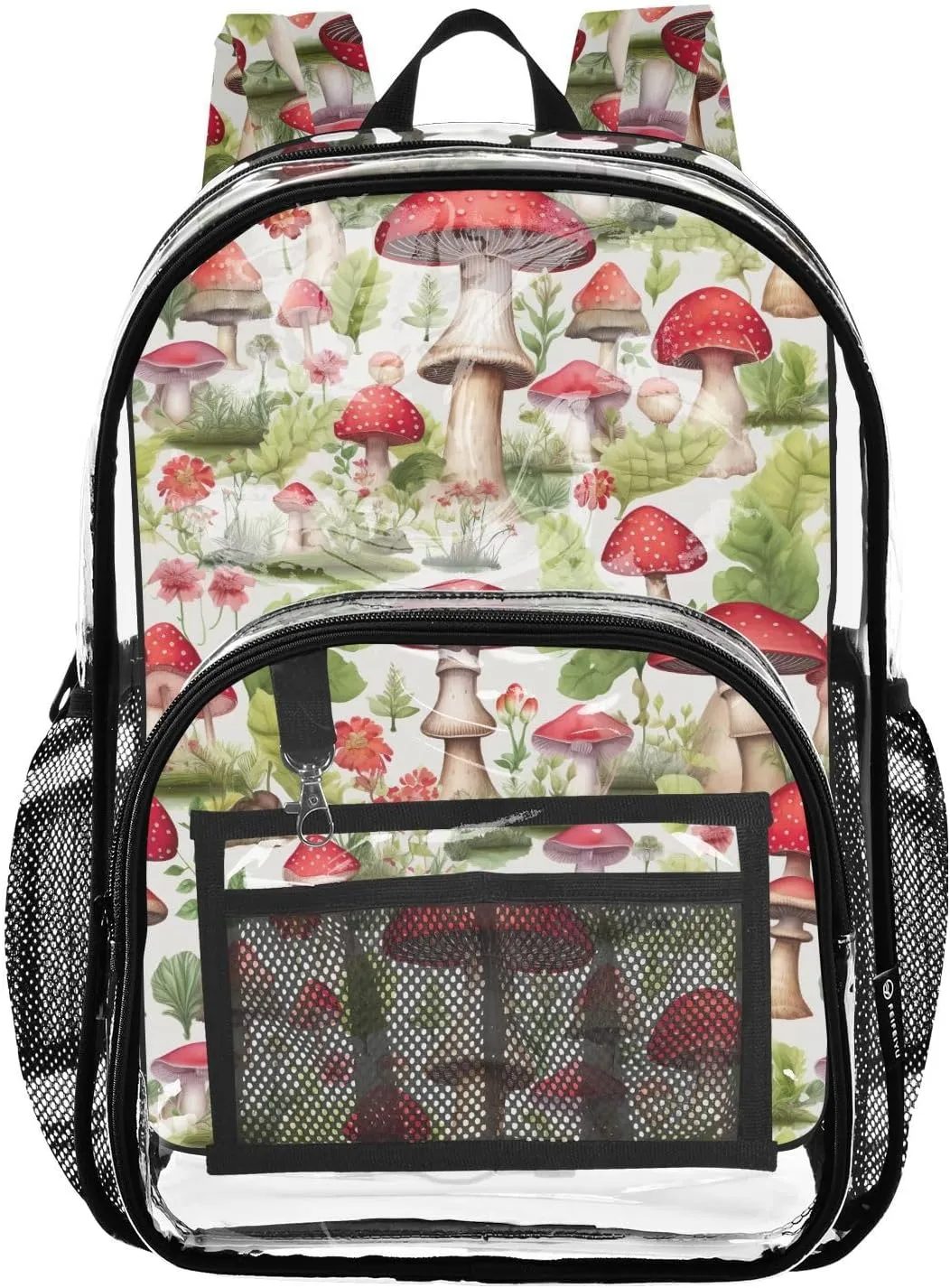 Clear Backpack Heavy Duty 15.7 Inch Red Mushrooms Leave See Through Backpack Clear Bag Large Bookbag for Stadium Approved for College School Work Concert