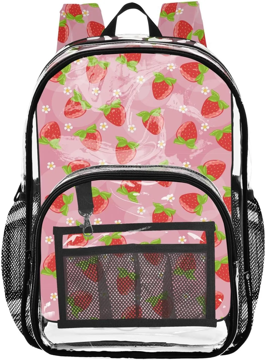 Clear Backpack Heavy Duty 15.7 Inch Strawberry Flowers Clear Bookbag Large Bag for Stadium Approved See Through Backpack for Work Concert School College