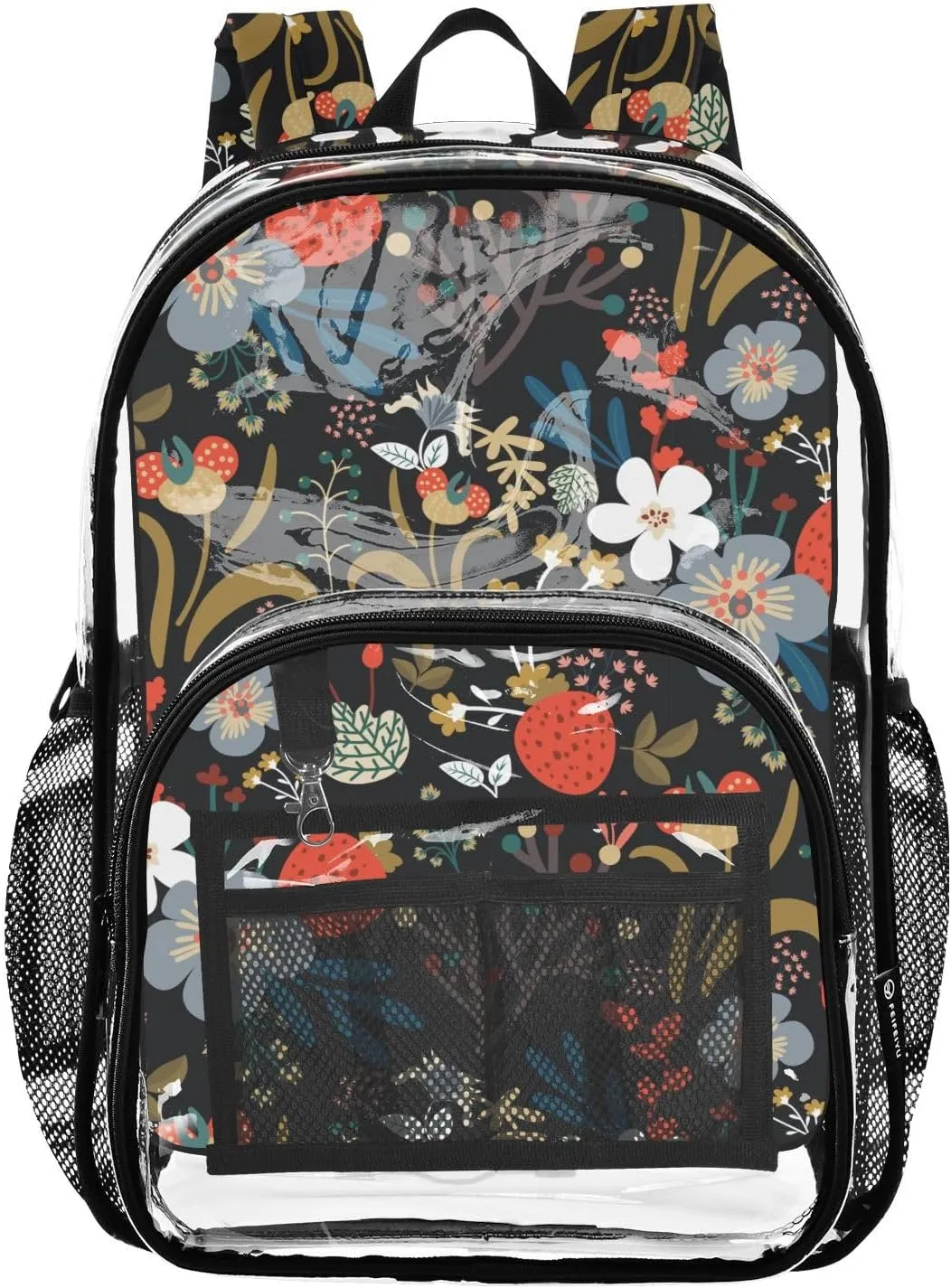 Clear Backpack Heavy Duty 15.7 Inch Strawberry Flowers See Through Backpack Clear Bookbag for Stadium Approved Large Bag for Work Concert School College