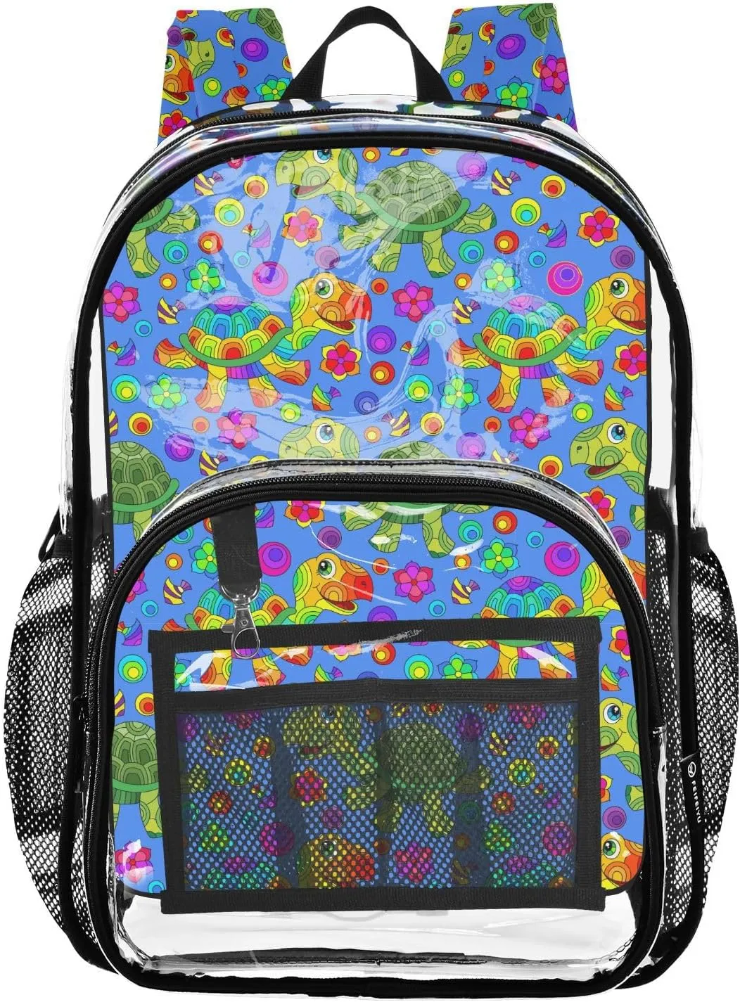 Clear Backpack Heavy Duty 15.7 Inch Turtle Flower Fish See Through Backpack Clear Bag Large Bookbag for Stadium Approved for School Work Concert College