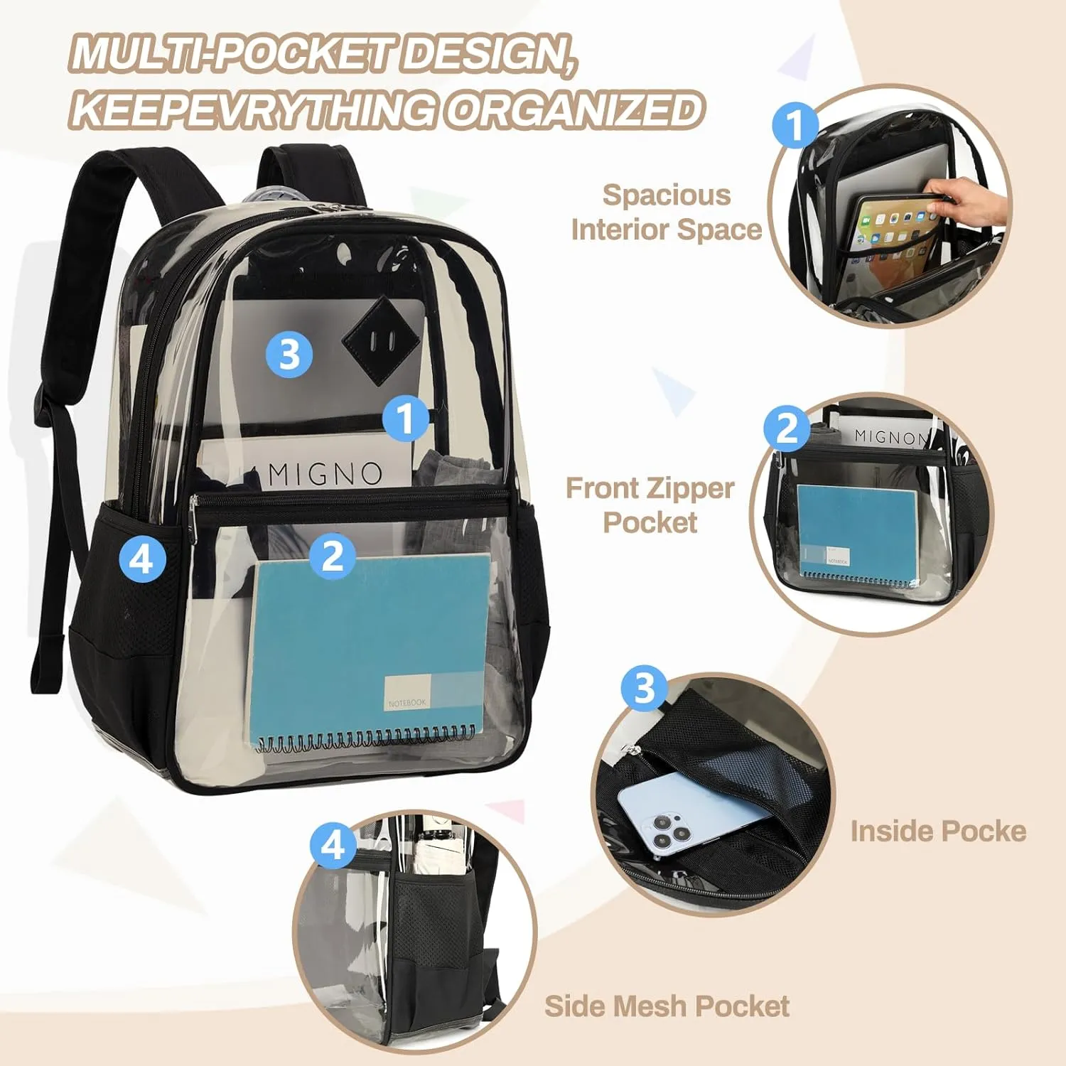 Clear Backpack, Heavy Duty See Through Book Bag for Work, Security, Concerts, College Transparent PVC bookback Stadium Approved,Black(Semi-transparent)
