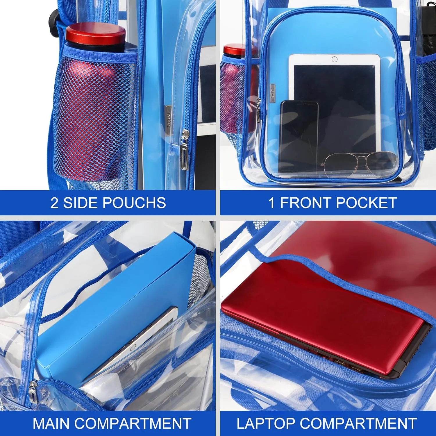 Clear Backpack School Bag Stadium Approved Heavy Duty Large PVC Laptop Transparent Backpack See Through Backpack for Sports, Work, Stadium, Security, Travel, College - H18''xW14''xD8 - Blue