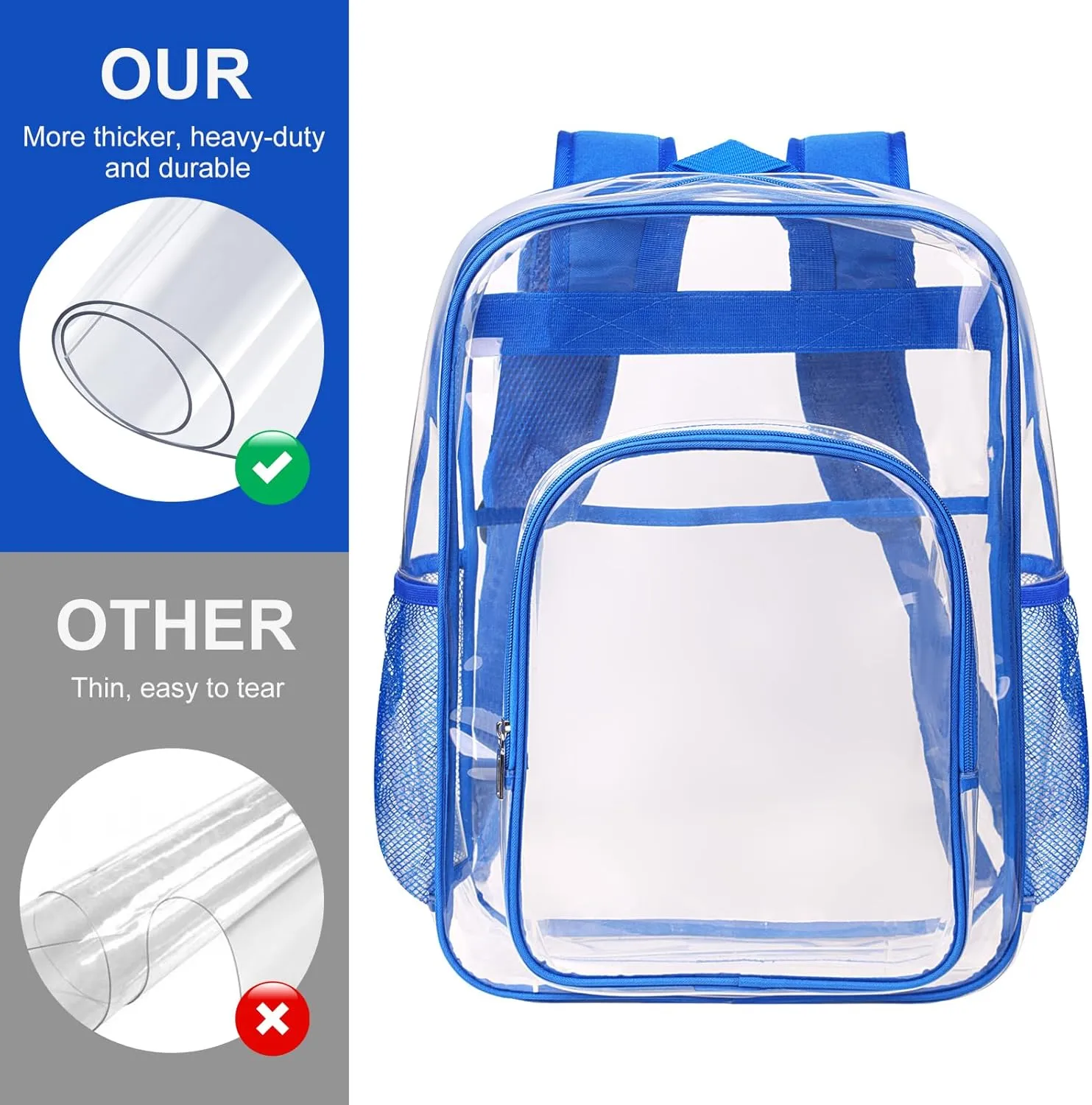 Clear Backpack School Bag Stadium Approved Heavy Duty Large PVC Laptop Transparent Backpack See Through Backpack for Sports, Work, Stadium, Security, Travel, College - H18''xW14''xD8 - Blue