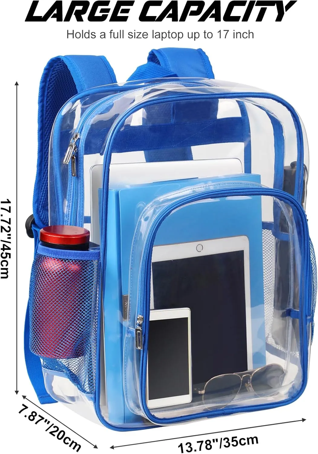 Clear Backpack School Bag Stadium Approved Heavy Duty Large PVC Laptop Transparent Backpack See Through Backpack for Sports, Work, Stadium, Security, Travel, College - H18''xW14''xD8 - Blue