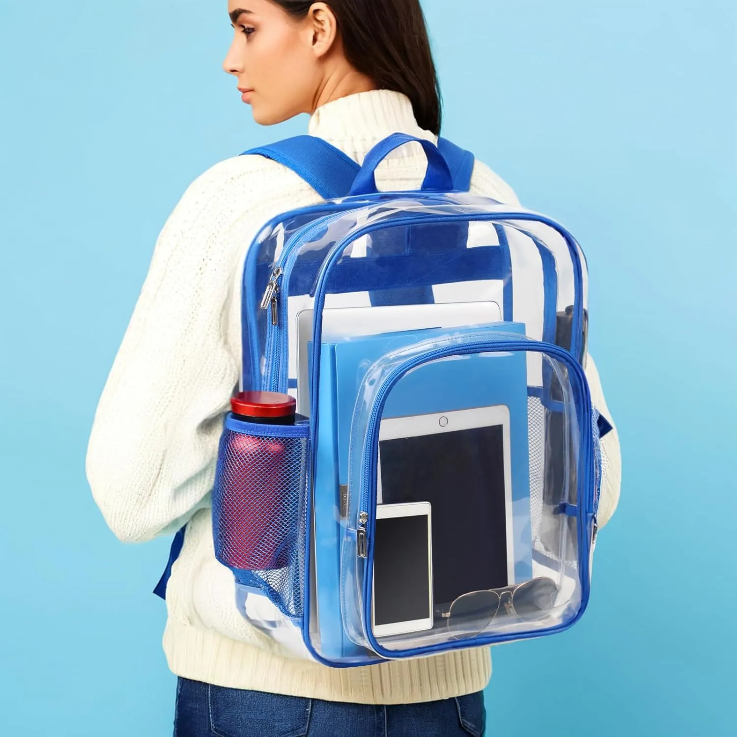 Clear Backpack School Bag Stadium Approved Heavy Duty Large PVC Laptop Transparent Backpack See Through Backpack for Sports, Work, Stadium, Security, Travel, College - H18''xW14''xD8 - Blue