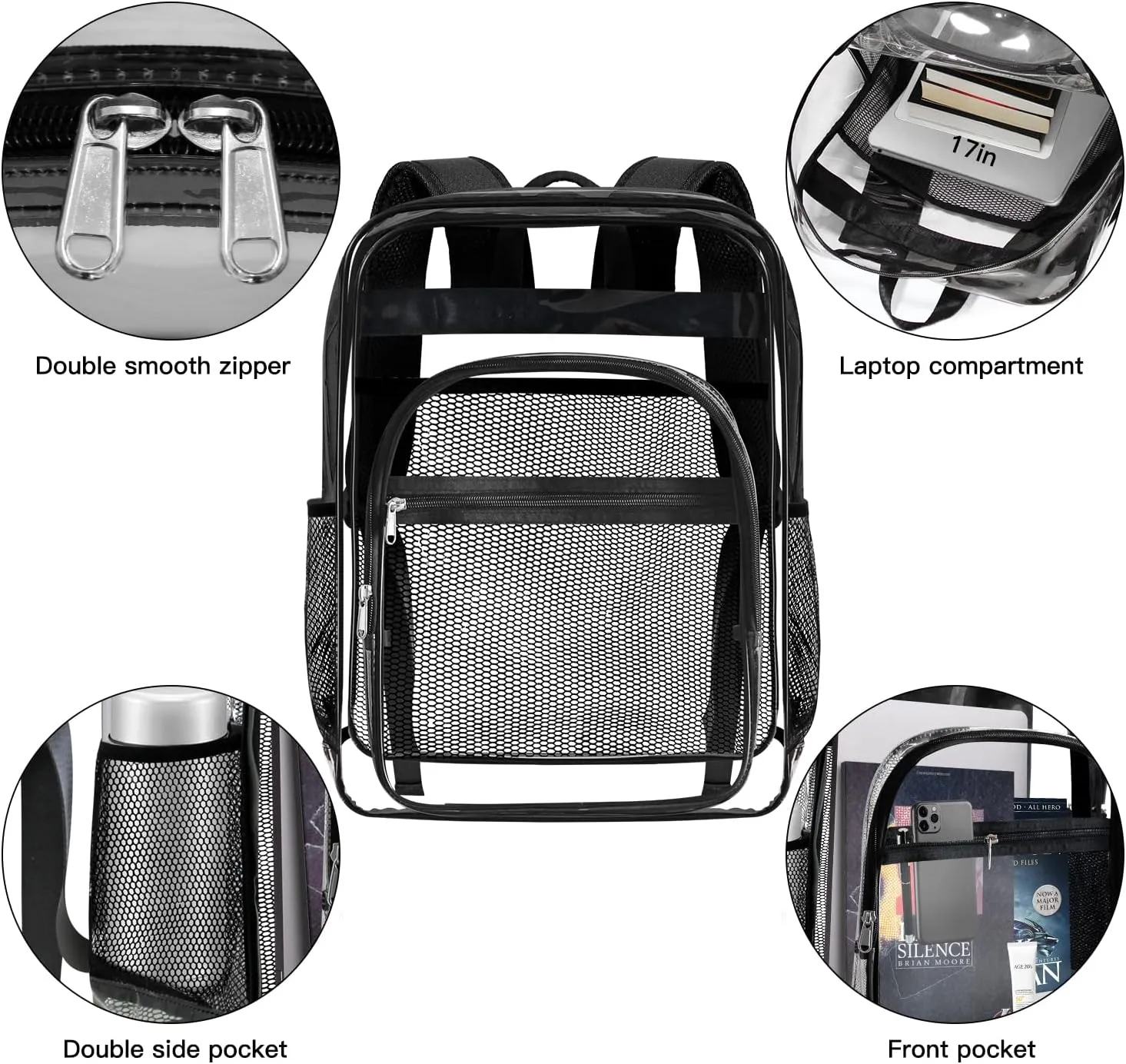 Clear Bookbag,Heavy Duty PVC Transparent Backpacks, Large Transparent Bookbag, See Through Backpack for College, Work, Travel