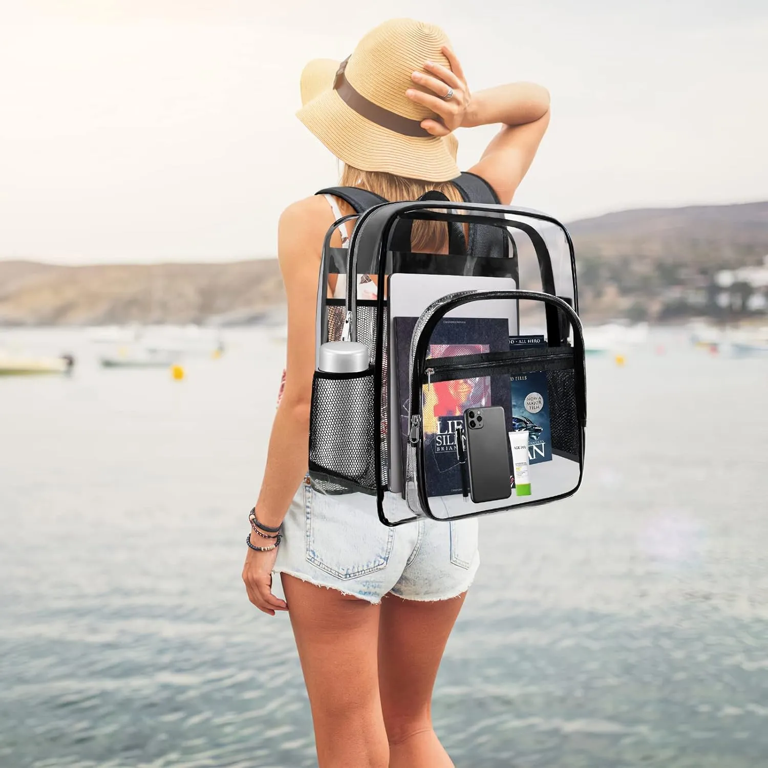 Clear Bookbag,Heavy Duty PVC Transparent Backpacks, Large Transparent Bookbag, See Through Backpack for College, Work, Travel