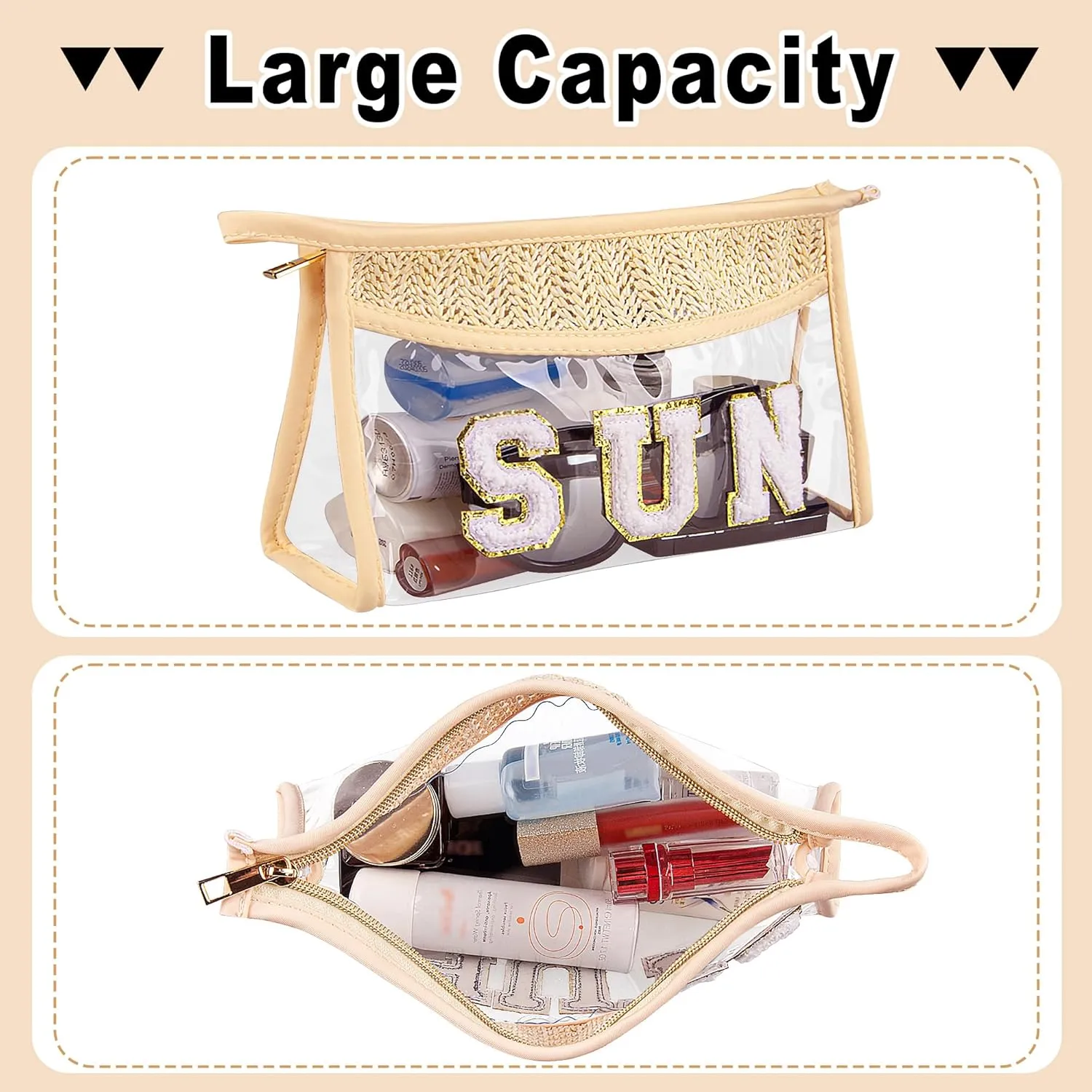 Clear Makeup Bag, 2 Pcs Boho Straw Woven Cosmetic Bags Set, Transparent PVC Travel Makeup Pouch, Waterproof Chenille Letter Patch Stuff Bag for Women (STUFF SUN)