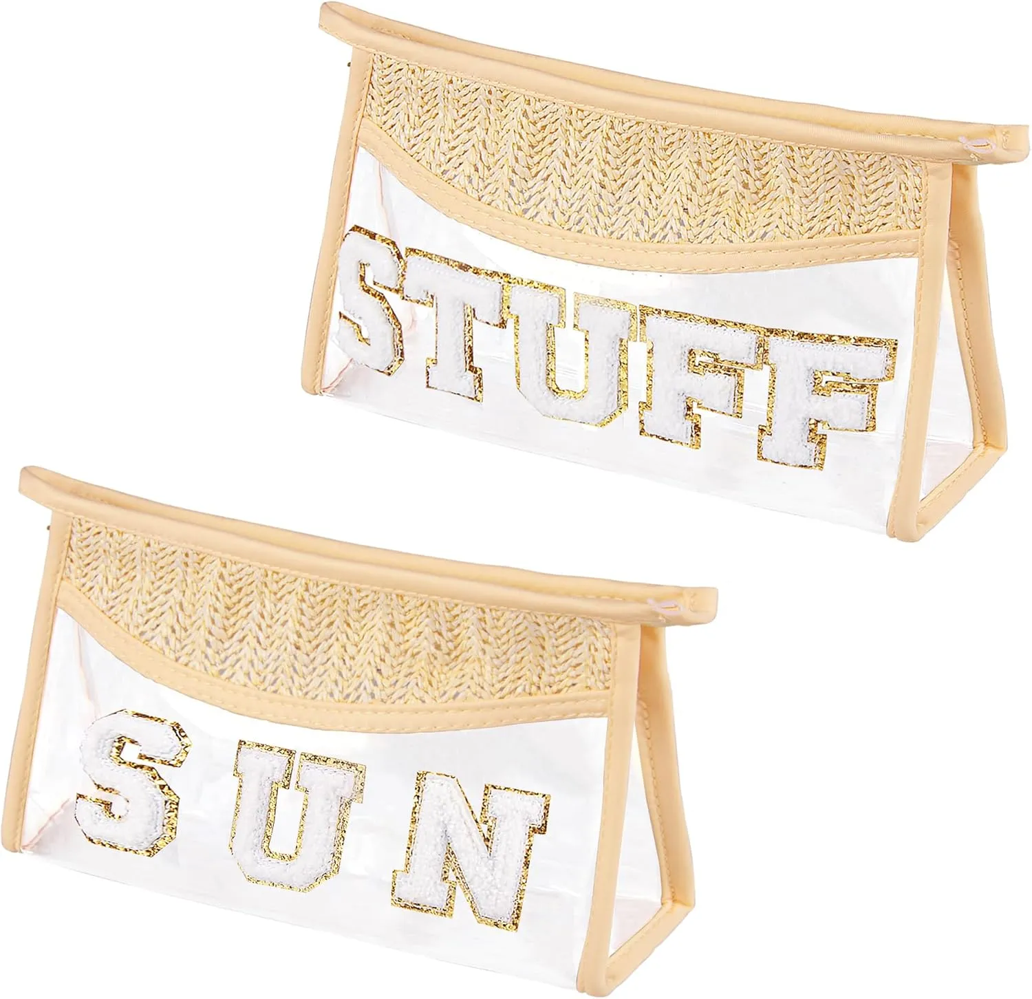 Clear Makeup Bag, 2 Pcs Boho Straw Woven Cosmetic Bags Set, Transparent PVC Travel Makeup Pouch, Waterproof Chenille Letter Patch Stuff Bag for Women (STUFF SUN)
