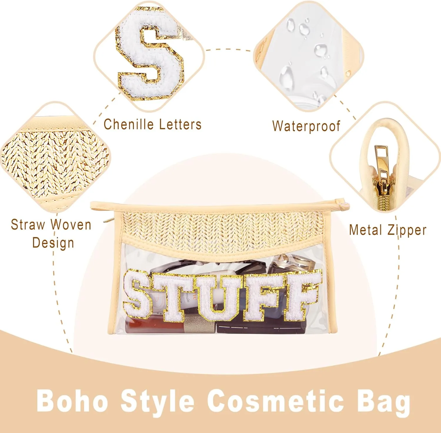 Clear Makeup Bag, 2 Pcs Boho Straw Woven Cosmetic Bags Set, Transparent PVC Travel Makeup Pouch, Waterproof Chenille Letter Patch Stuff Bag for Women (STUFF SUN)