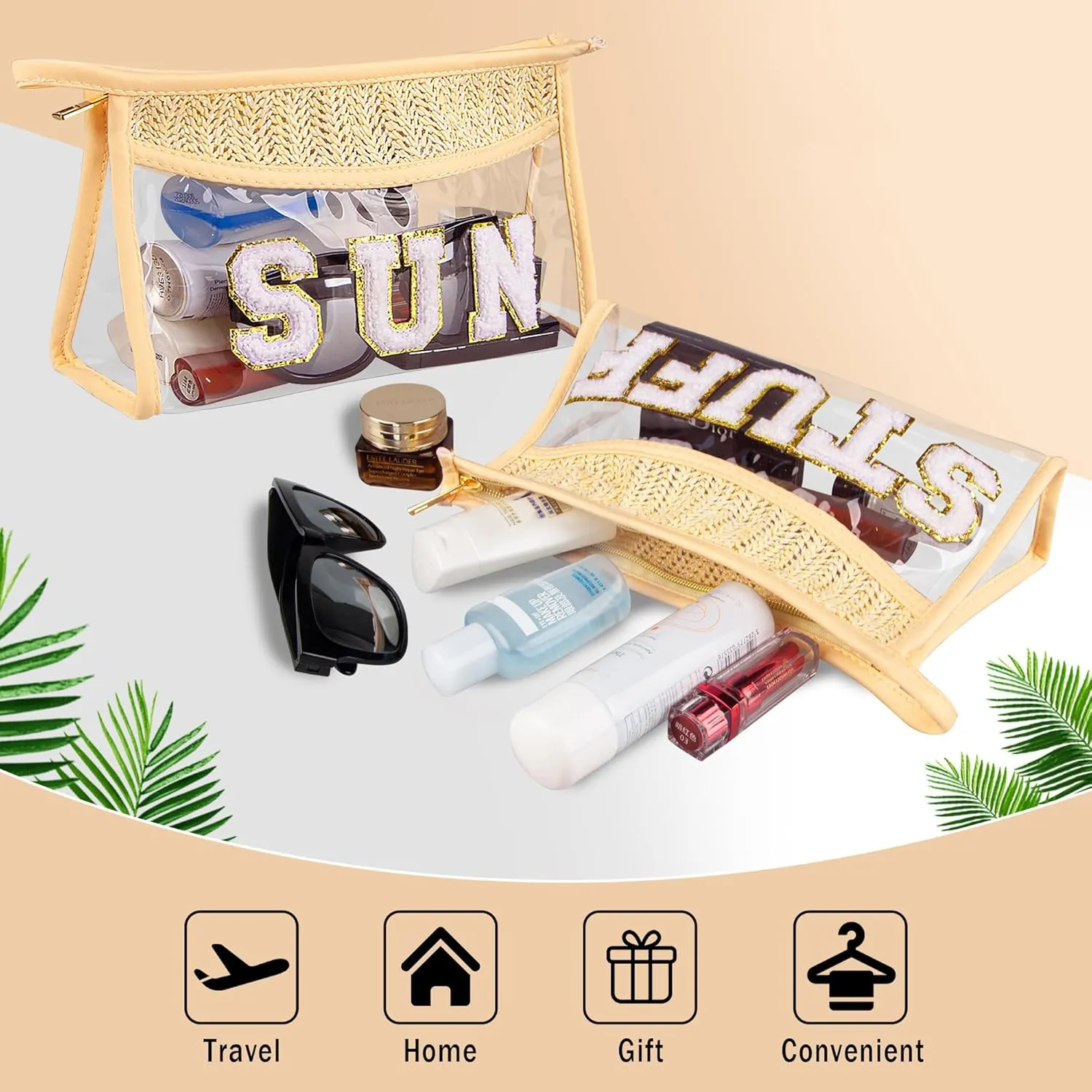 Clear Makeup Bag, 2 Pcs Boho Straw Woven Cosmetic Bags Set, Transparent PVC Travel Makeup Pouch, Waterproof Chenille Letter Patch Stuff Bag for Women (STUFF SUN)