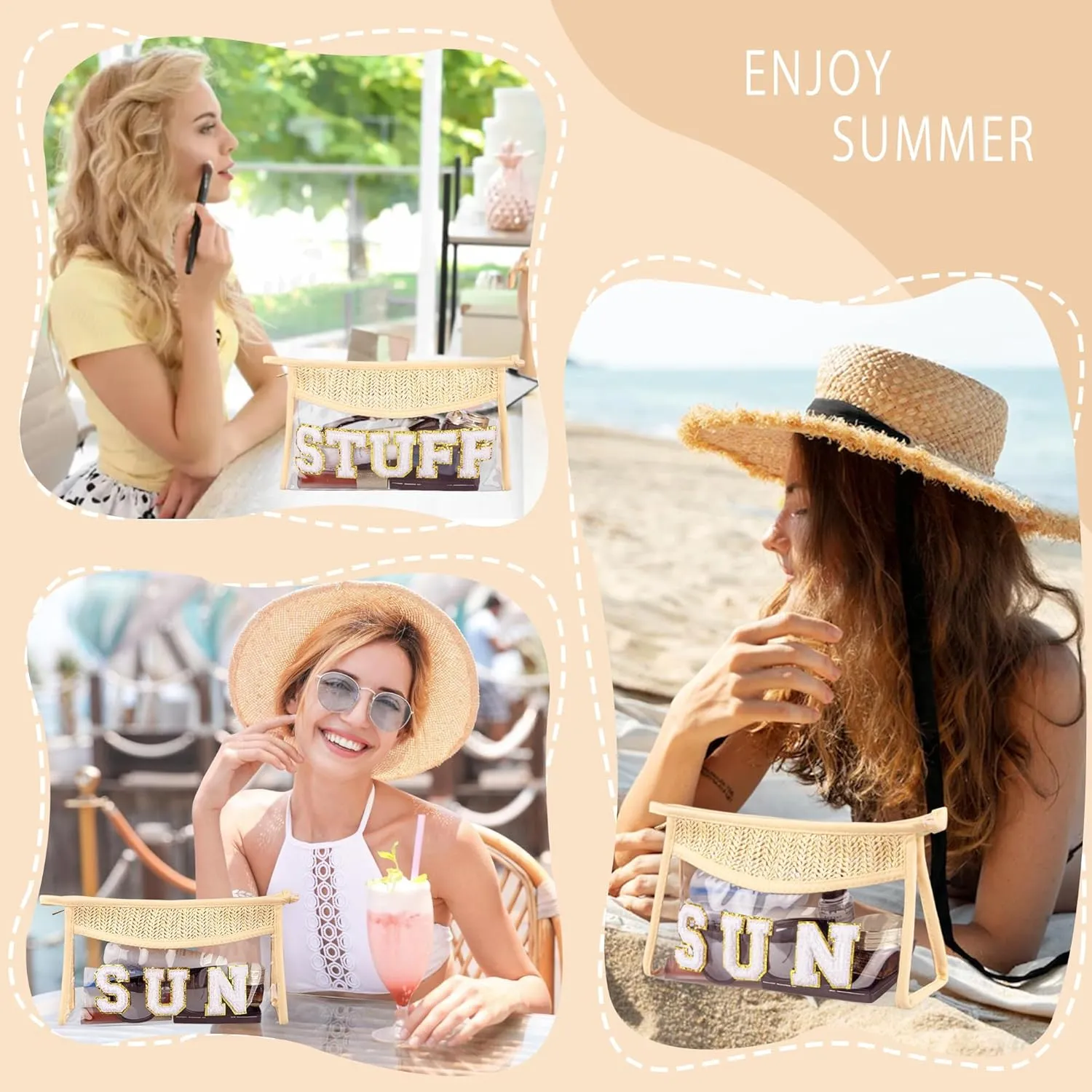 Clear Makeup Bag, 2 Pcs Boho Straw Woven Cosmetic Bags Set, Transparent PVC Travel Makeup Pouch, Waterproof Chenille Letter Patch Stuff Bag for Women (STUFF SUN)