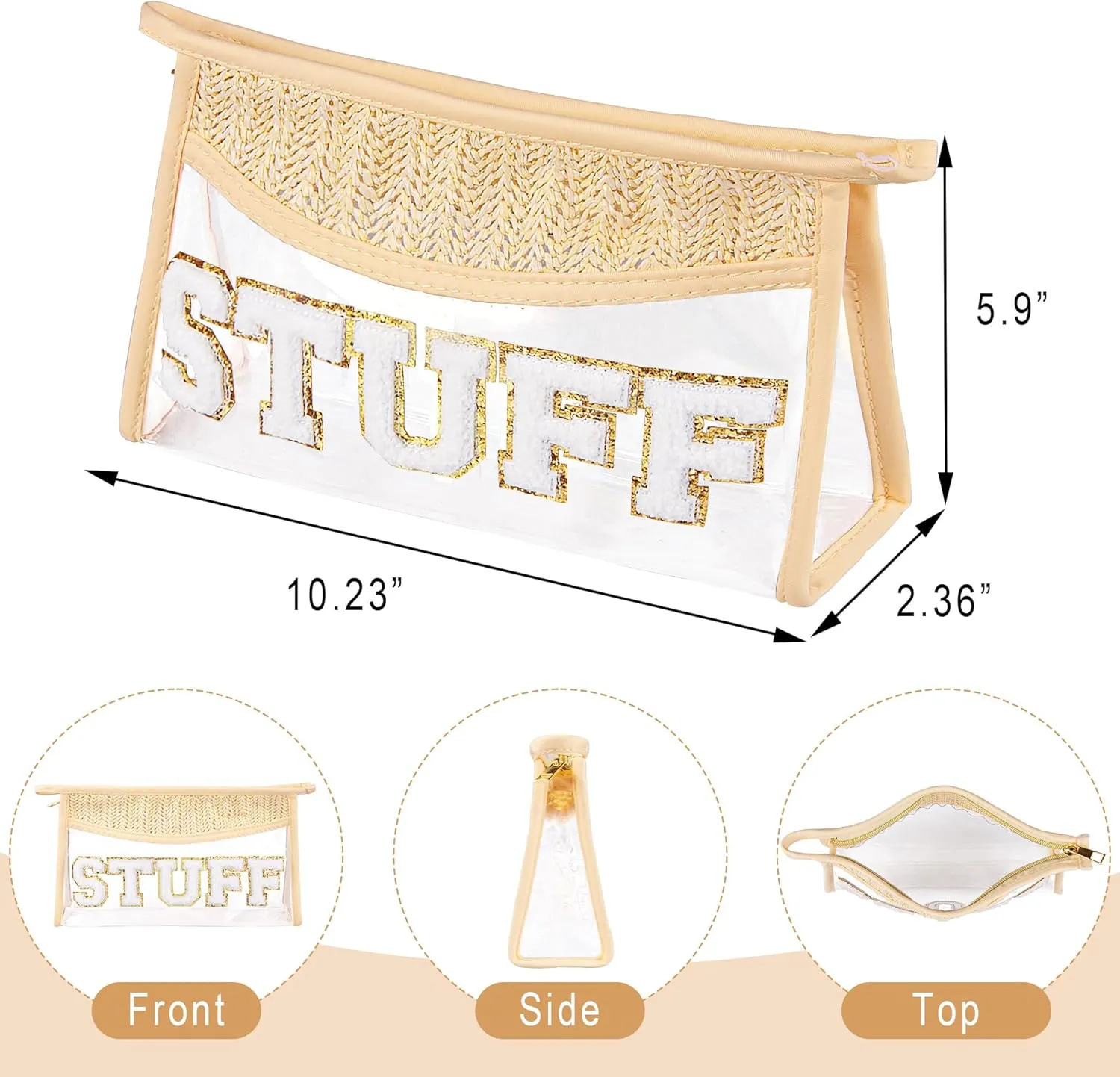Clear Makeup Bag, 2 Pcs Boho Straw Woven Cosmetic Bags Set, Transparent PVC Travel Makeup Pouch, Waterproof Chenille Letter Patch Stuff Bag for Women (STUFF SUN)