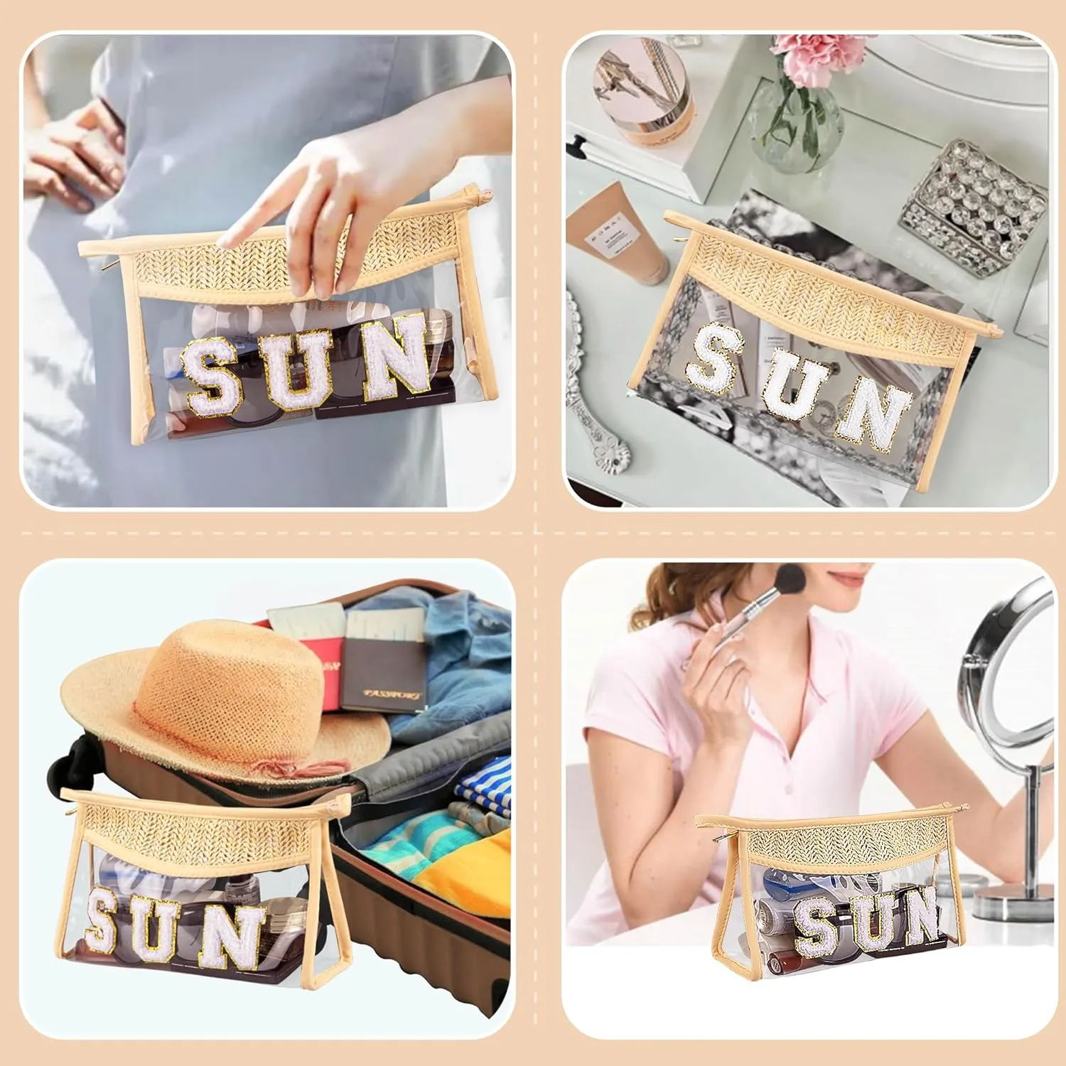 Clear Makeup Bag, 2 Pcs Boho Straw Woven Cosmetic Bags Set, Transparent PVC Travel Makeup Pouch, Waterproof Chenille Letter Patch Stuff Bag for Women (STUFF SUN)