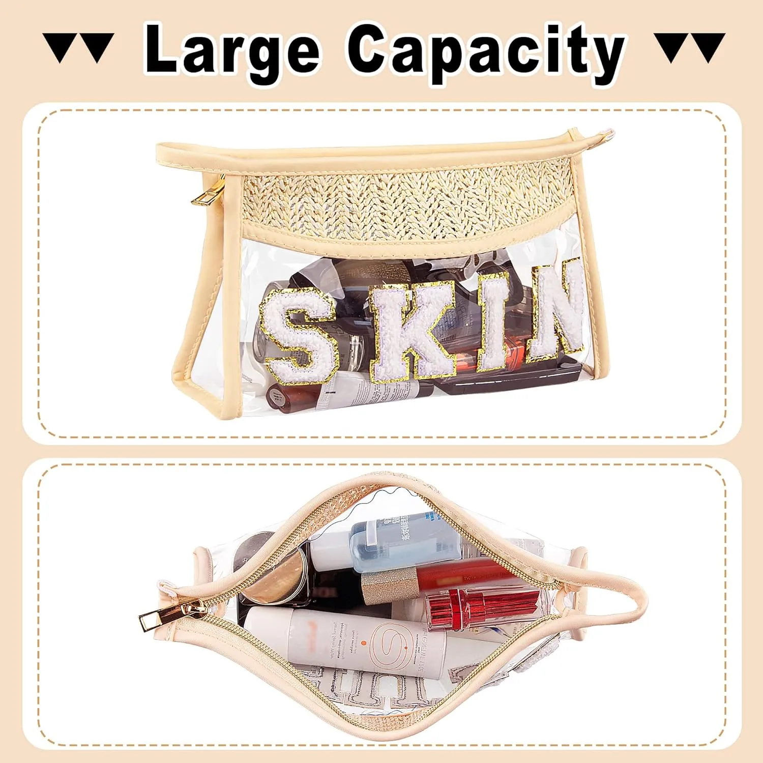 Clear Makeup Bag, Boho Straw Woven Cosmetic Bag, Transparent PVC Travel Makeup Pouch, Waterproof Chenille Letter Patch Stuff Bag for Women (SKIN)