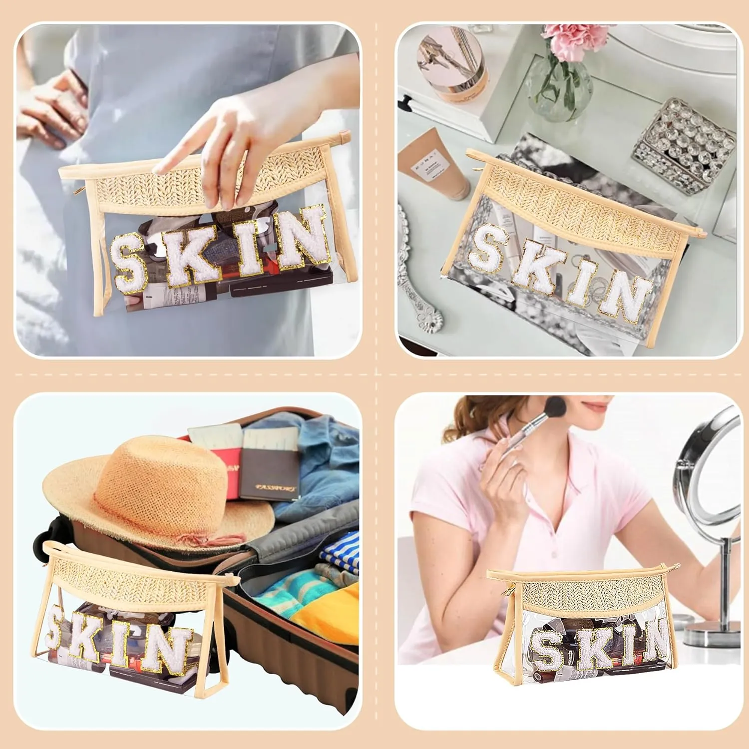 Clear Makeup Bag, Boho Straw Woven Cosmetic Bag, Transparent PVC Travel Makeup Pouch, Waterproof Chenille Letter Patch Stuff Bag for Women (SKIN)