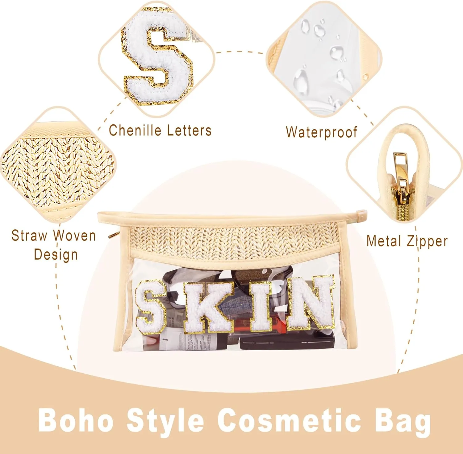 Clear Makeup Bag, Boho Straw Woven Cosmetic Bag, Transparent PVC Travel Makeup Pouch, Waterproof Chenille Letter Patch Stuff Bag for Women (SKIN)