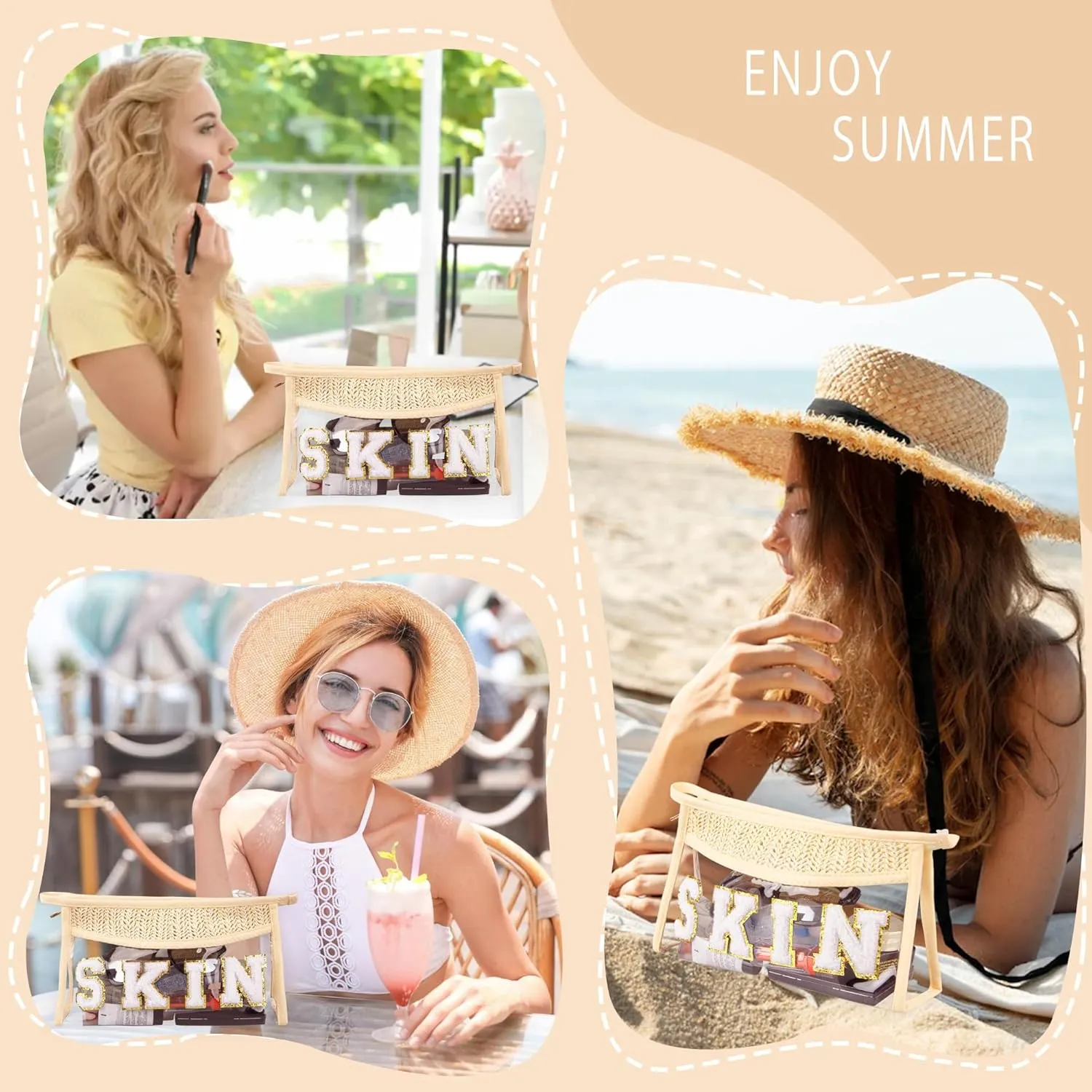 Clear Makeup Bag, Boho Straw Woven Cosmetic Bag, Transparent PVC Travel Makeup Pouch, Waterproof Chenille Letter Patch Stuff Bag for Women (SKIN)