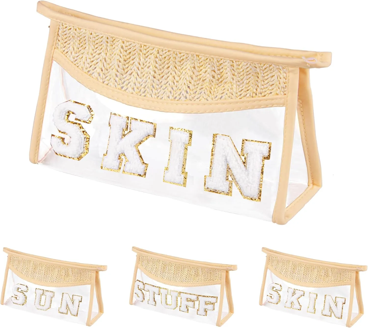 Clear Makeup Bag, Boho Straw Woven Cosmetic Bag, Transparent PVC Travel Makeup Pouch, Waterproof Chenille Letter Patch Stuff Bag for Women (SKIN)