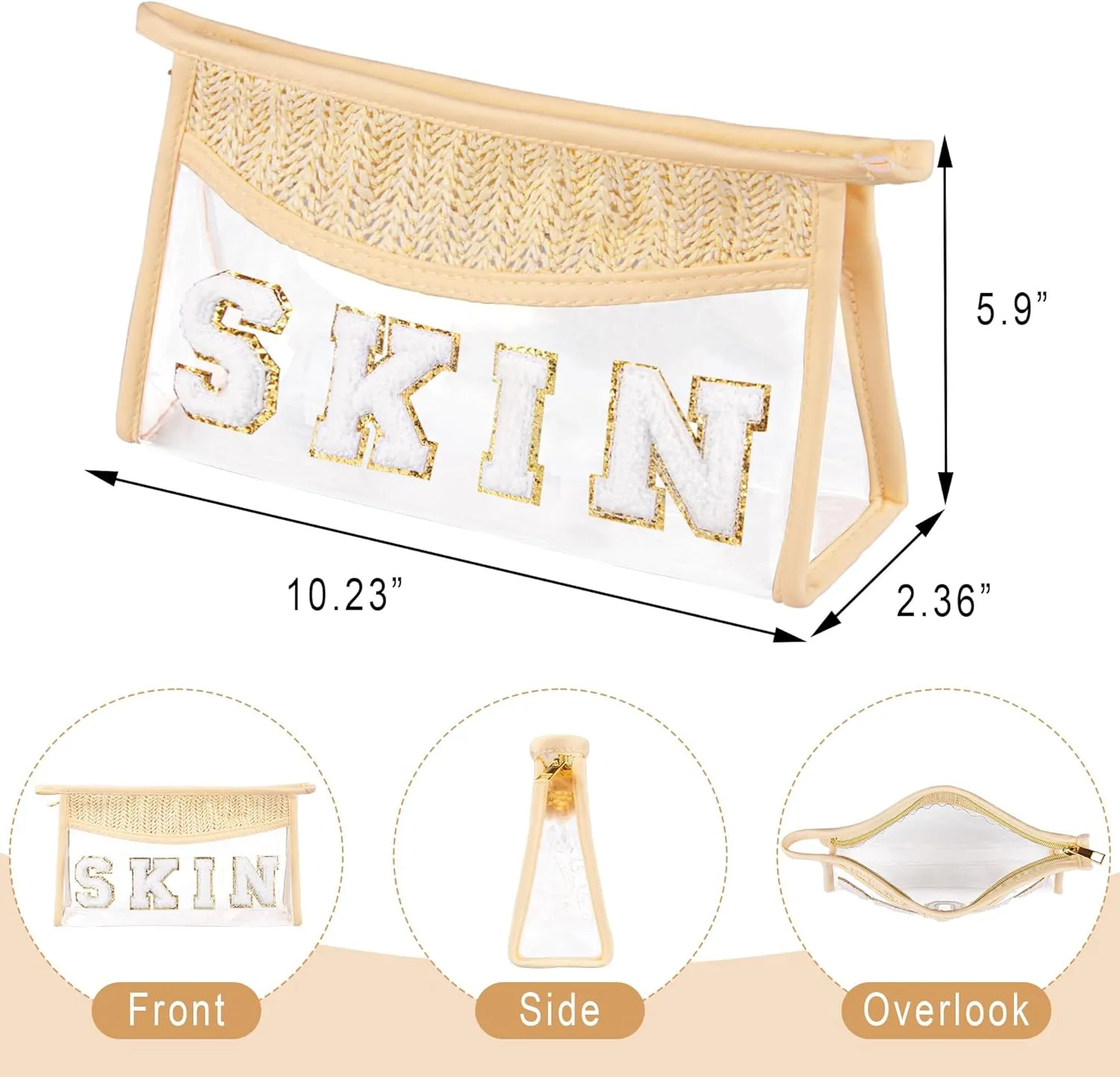 Clear Makeup Bag, Boho Straw Woven Cosmetic Bag, Transparent PVC Travel Makeup Pouch, Waterproof Chenille Letter Patch Stuff Bag for Women (SKIN)