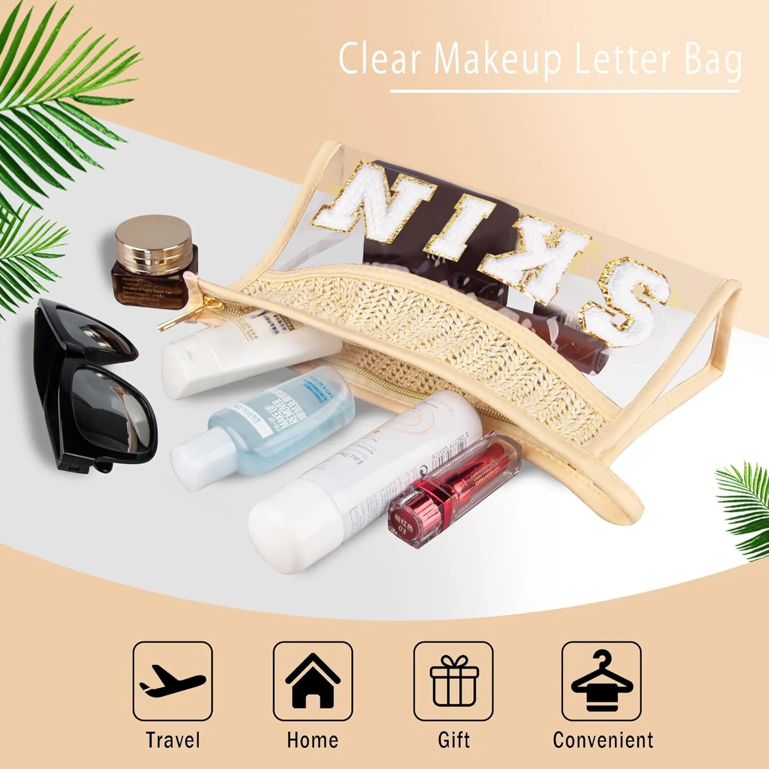 Clear Makeup Bag, Boho Straw Woven Cosmetic Bag, Transparent PVC Travel Makeup Pouch, Waterproof Chenille Letter Patch Stuff Bag for Women (SKIN)