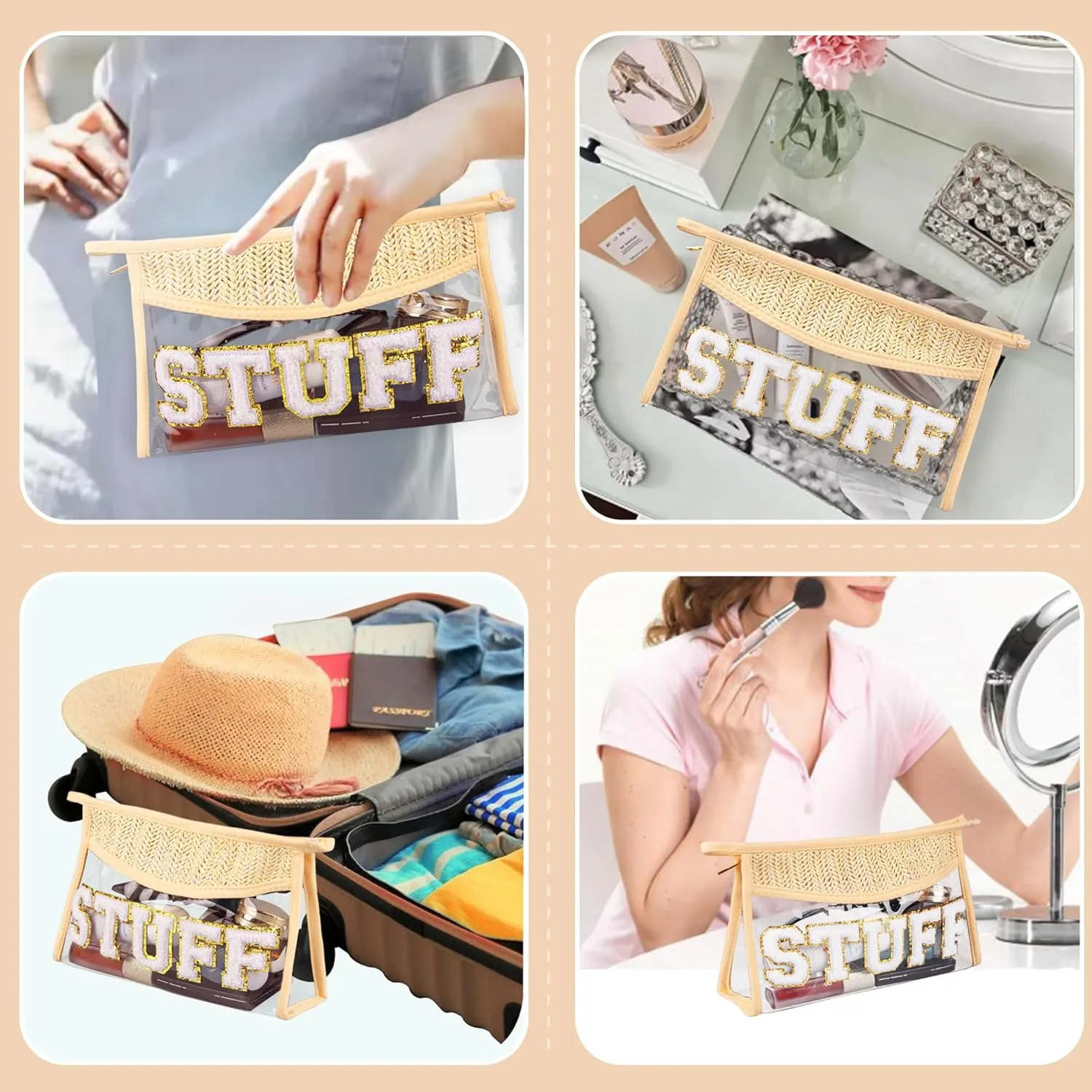 Clear Makeup Bag, Boho Straw Woven Cosmetic Bag, Transparent PVC Travel Makeup Pouch, Waterproof Chenille Letter Patch Stuff Bag for Women (STUFF)