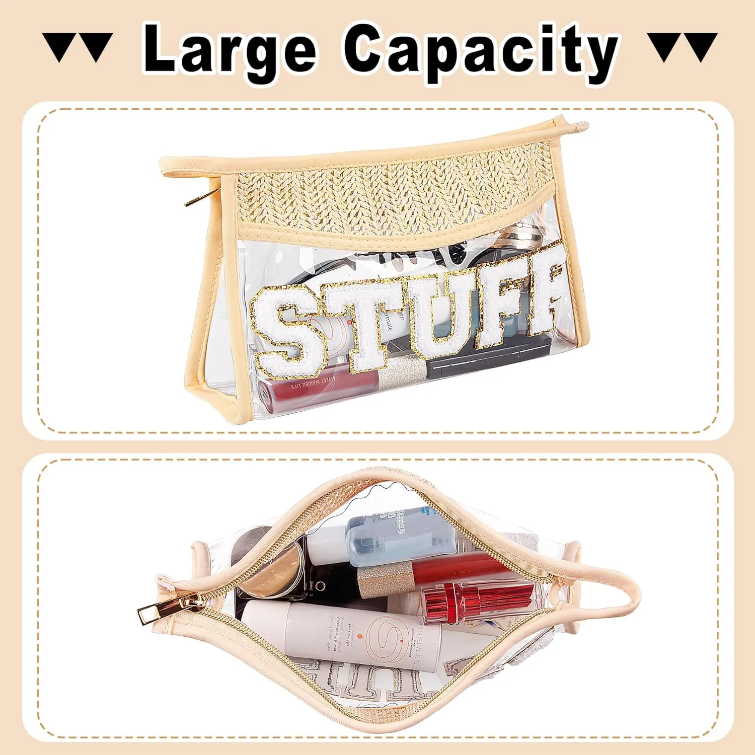 Clear Makeup Bag, Boho Straw Woven Cosmetic Bag, Transparent PVC Travel Makeup Pouch, Waterproof Chenille Letter Patch Stuff Bag for Women (STUFF)