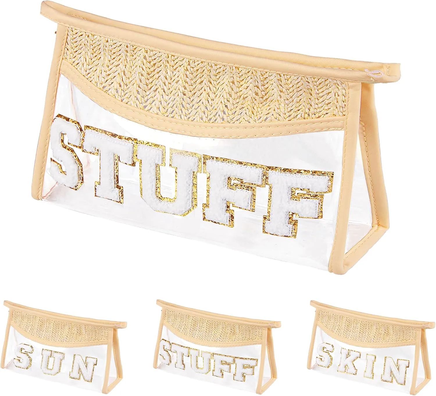 Clear Makeup Bag, Boho Straw Woven Cosmetic Bag, Transparent PVC Travel Makeup Pouch, Waterproof Chenille Letter Patch Stuff Bag for Women (STUFF)
