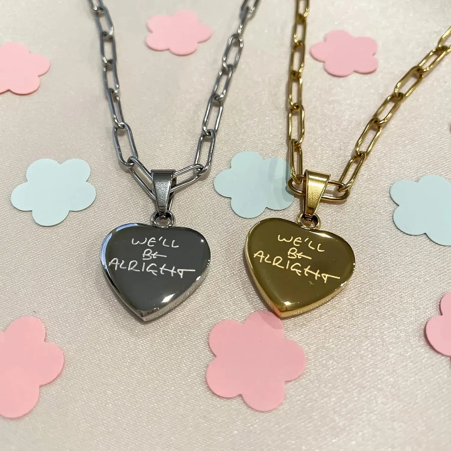 Collner Gold Heart Necklace,18K Gold Plated Engraved Rectangle Paperclip Chain Simple Pendant Necklace for Women