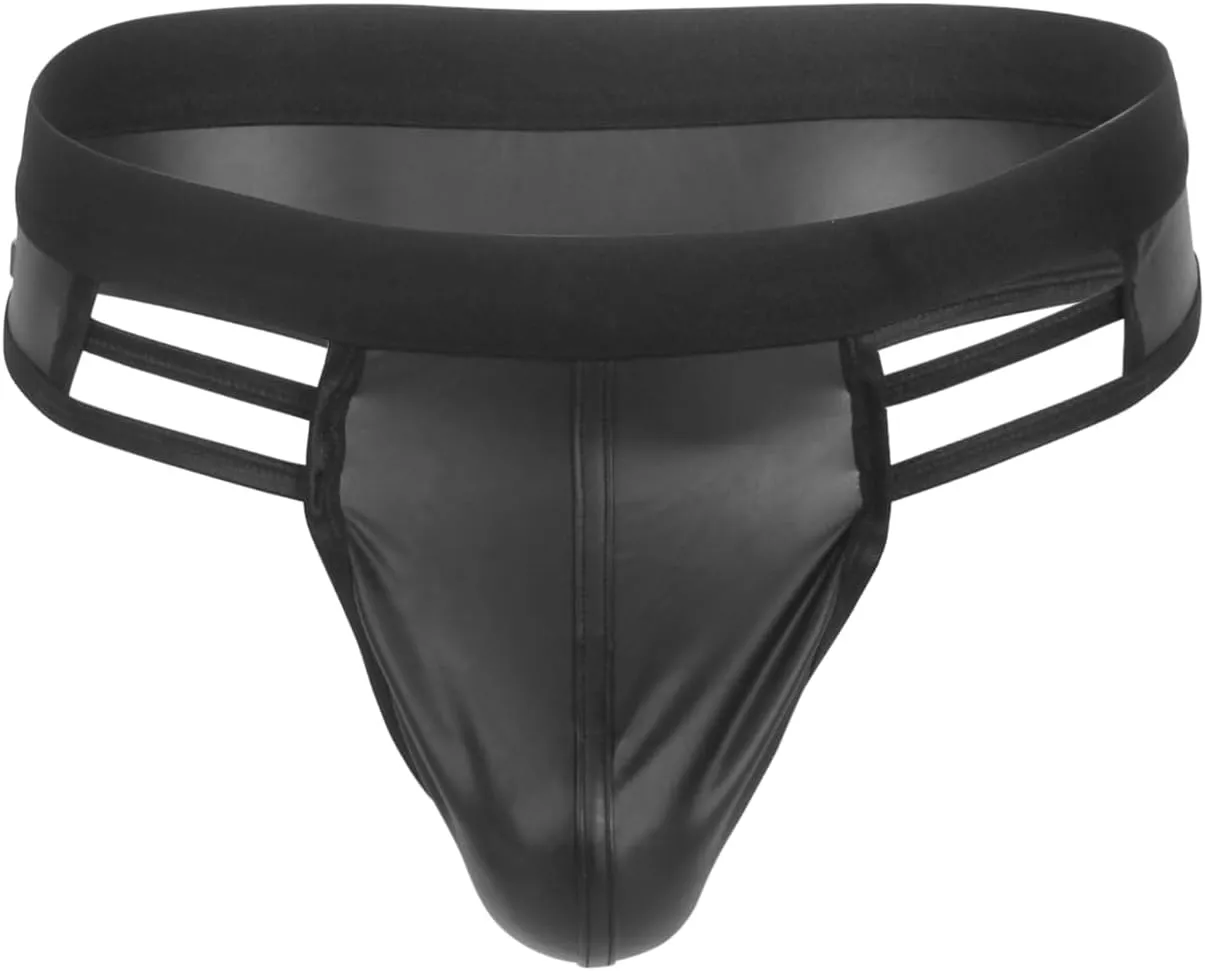 comeondear Mens Faux Leather Thong Briefs Plus Size Low Rise Jockstrap Sexy Bulge Pouch PU Leather Underwear Black