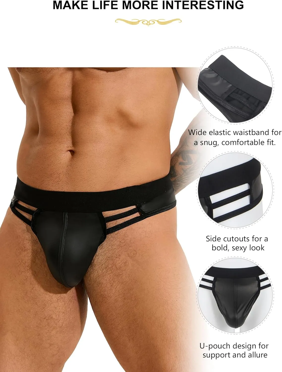 comeondear Mens Faux Leather Thong Briefs Plus Size Low Rise Jockstrap Sexy Bulge Pouch PU Leather Underwear Black