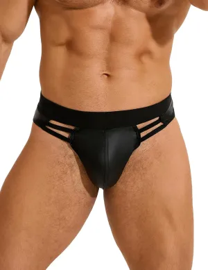 comeondear Mens Faux Leather Thong Briefs Plus Size Low Rise Jockstrap Sexy Bulge Pouch PU Leather Underwear Black