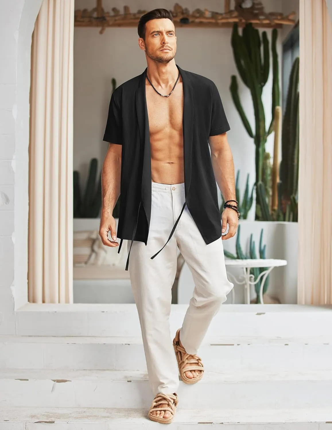 COOFANDY Men's Beach Kimono Shirt Cardigan Jacket Light Linen Short Sleeve Open Front Casual Shirts