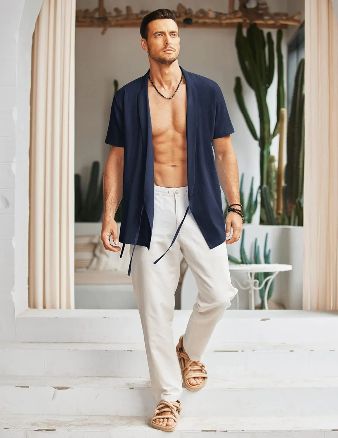 COOFANDY Men's Beach Kimono Shirt Cardigan Jacket Light Linen Short Sleeve Open Front Casual Shirts