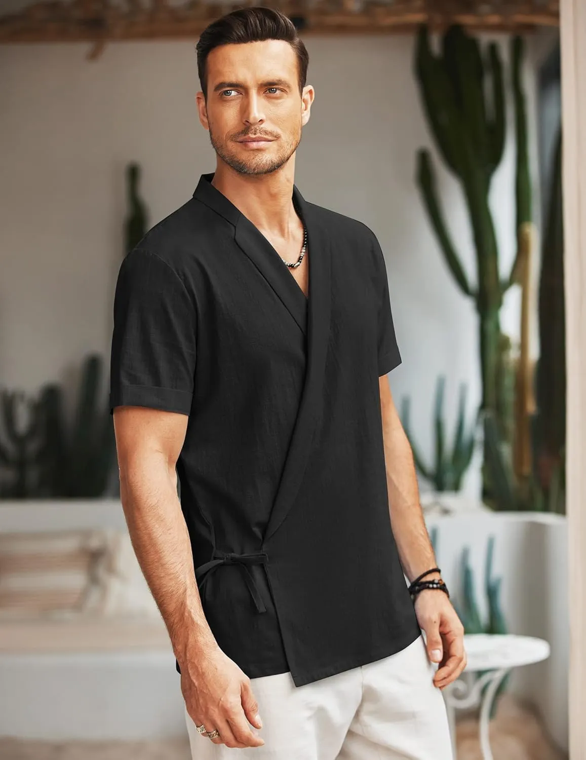 COOFANDY Men's Beach Kimono Shirt Cardigan Jacket Light Linen Short Sleeve Open Front Casual Shirts
