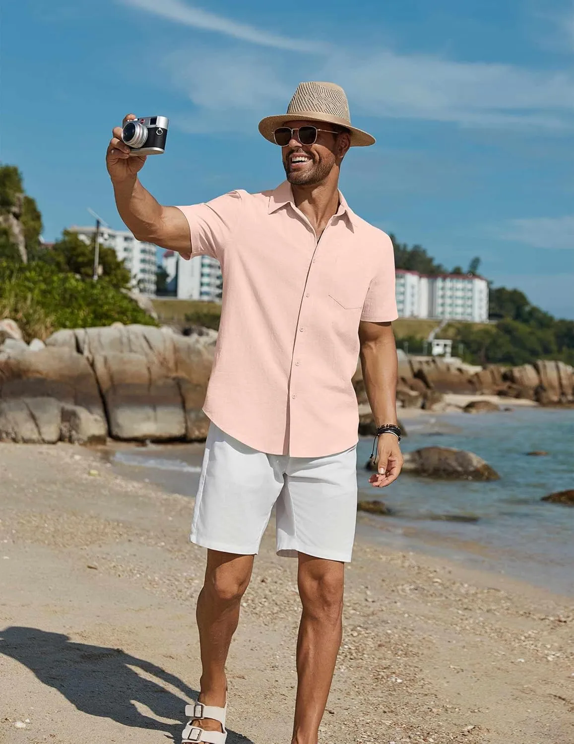 COOFANDY Mens Button Down Short Sleeve Shirts Casual Cotton Shirts Summer Beach Shirt with Pocket