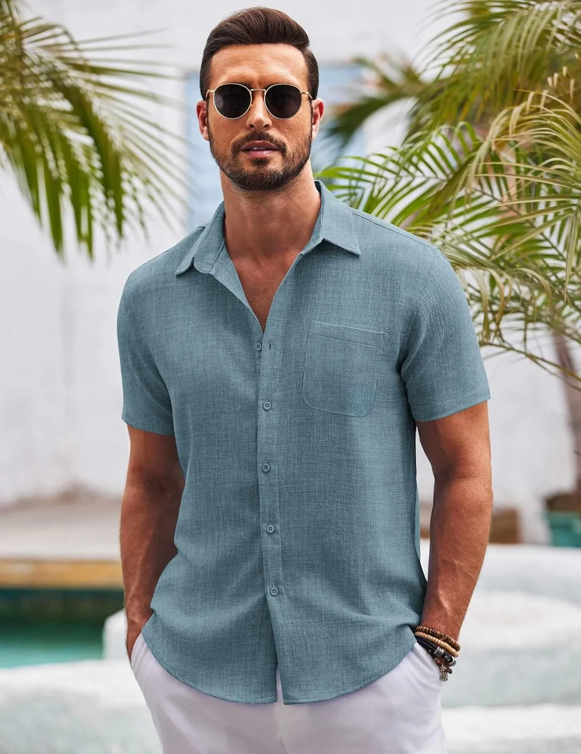 COOFANDY Mens Button Down Short Sleeve Shirts Casual Textured Shirt with Pocket Summer Beach Wedding Shirts