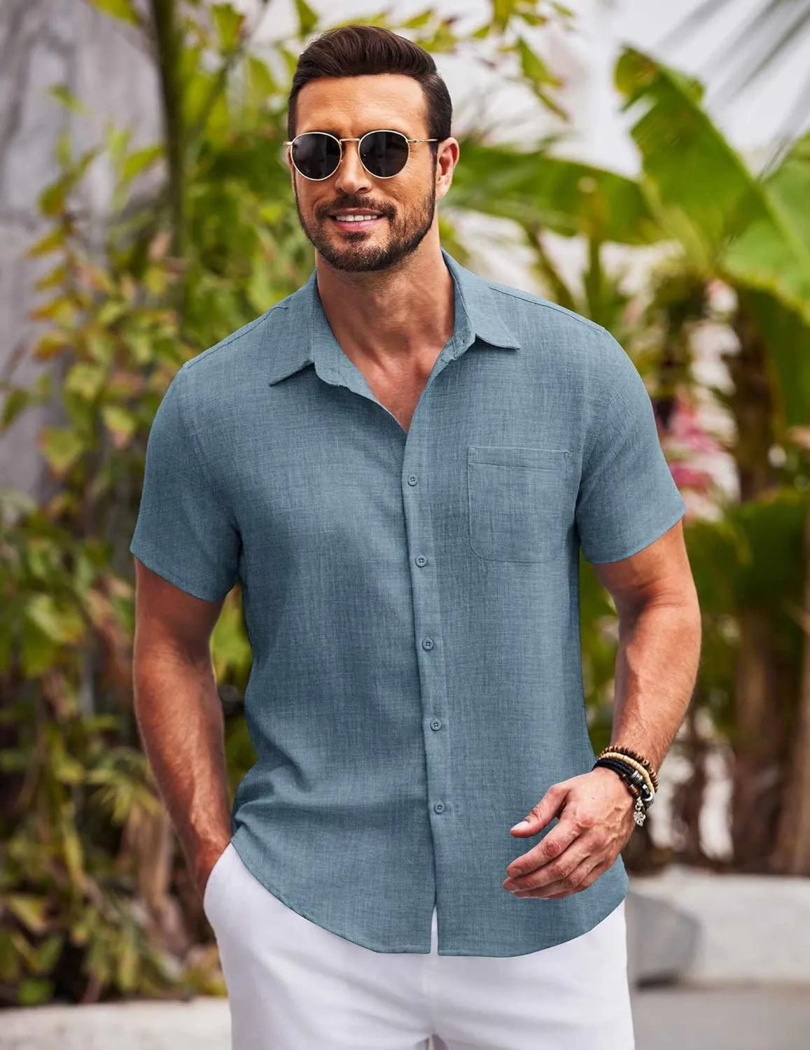 COOFANDY Mens Button Down Short Sleeve Shirts Casual Textured Shirt with Pocket Summer Beach Wedding Shirts