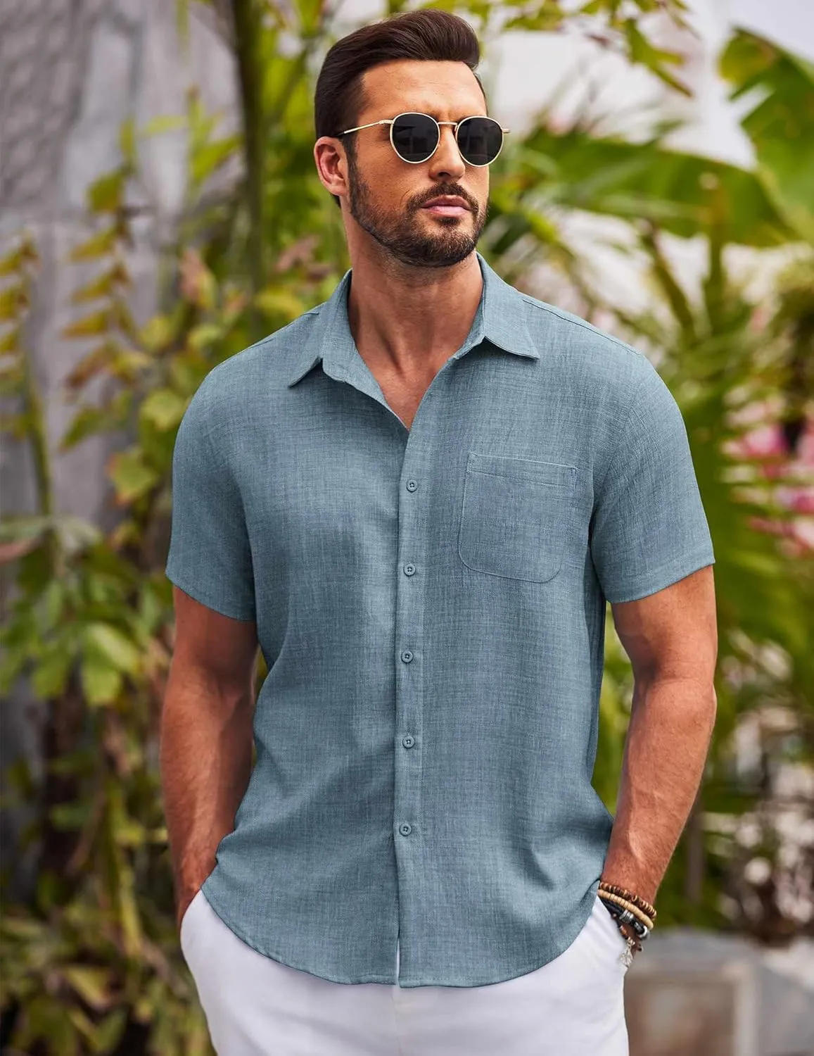 COOFANDY Mens Button Down Short Sleeve Shirts Casual Textured Shirt with Pocket Summer Beach Wedding Shirts