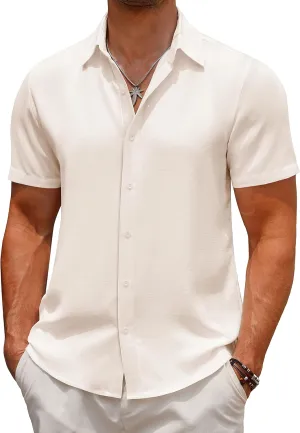 COOFANDY Men's Casual Button Down Short Sleeve Shirts Summer Beach Wedding Shirt Vacation Cotton Shirts