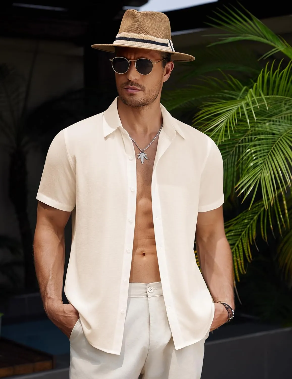 COOFANDY Men's Casual Button Down Short Sleeve Shirts Summer Beach Wedding Shirt Vacation Cotton Shirts