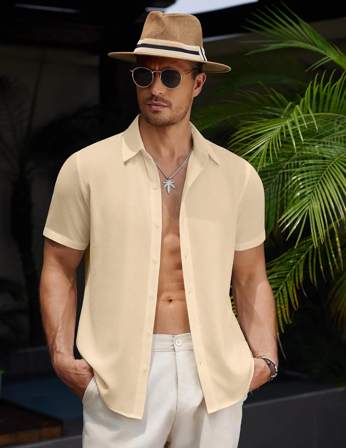 COOFANDY Men's Casual Button Down Short Sleeve Shirts Summer Beach Wedding Shirt Vacation Cotton Shirts