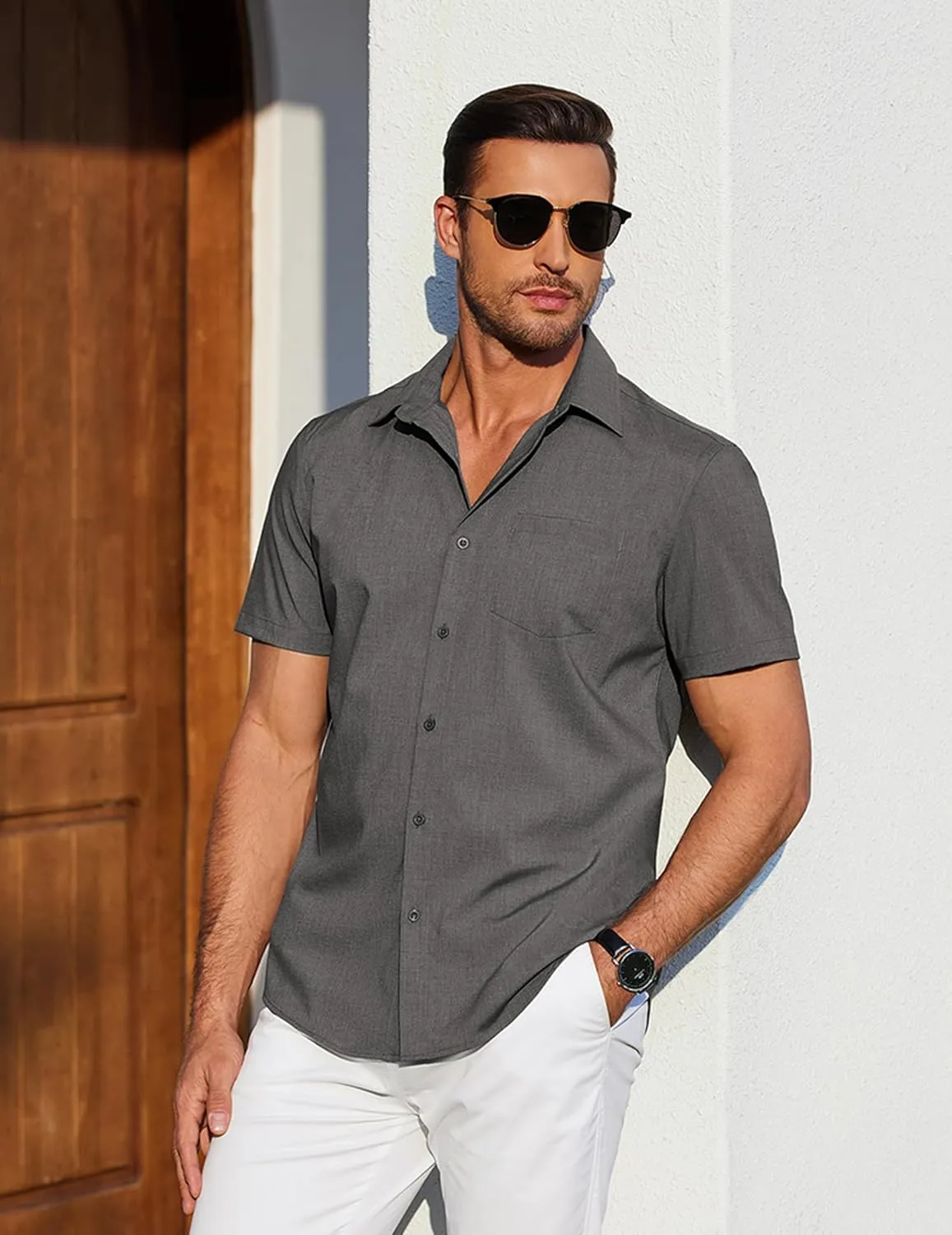 COOFANDY Mens Casual Short Sleeve Shirts Button Down Summer Beach Shirt Lightweight Textured Tops with Pocket