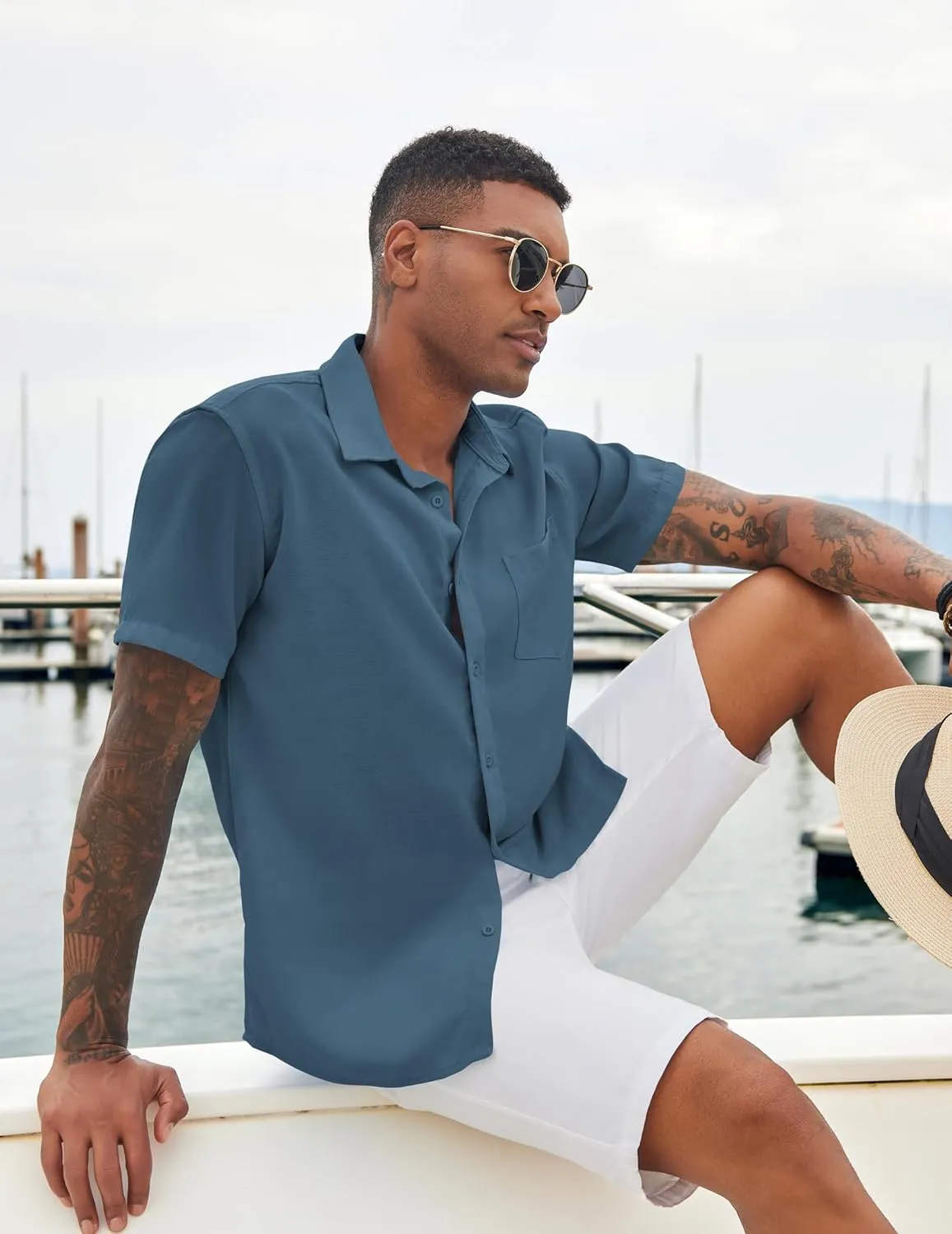 COOFANDY Mens Casual Short Sleeve Shirts Button Down Textured Shirts Summer Beach Shirt with Pocket