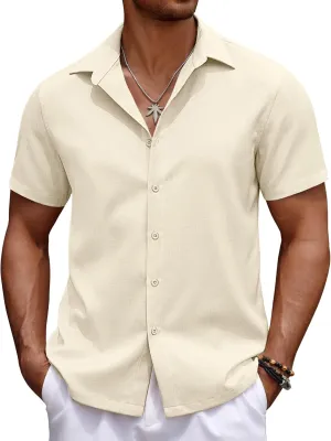 COOFANDY Mens Casual Summer Beach Shirt Button Down Short Sleeve Shirts Vacation Shirt Cotton Linen Shirts