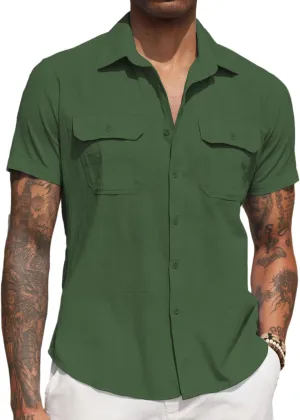 COOFANDY Men's Cotton Linen Short Sleeve Shirts Casual Button Down Shirt Beach Summer Tops with 2 Pockets